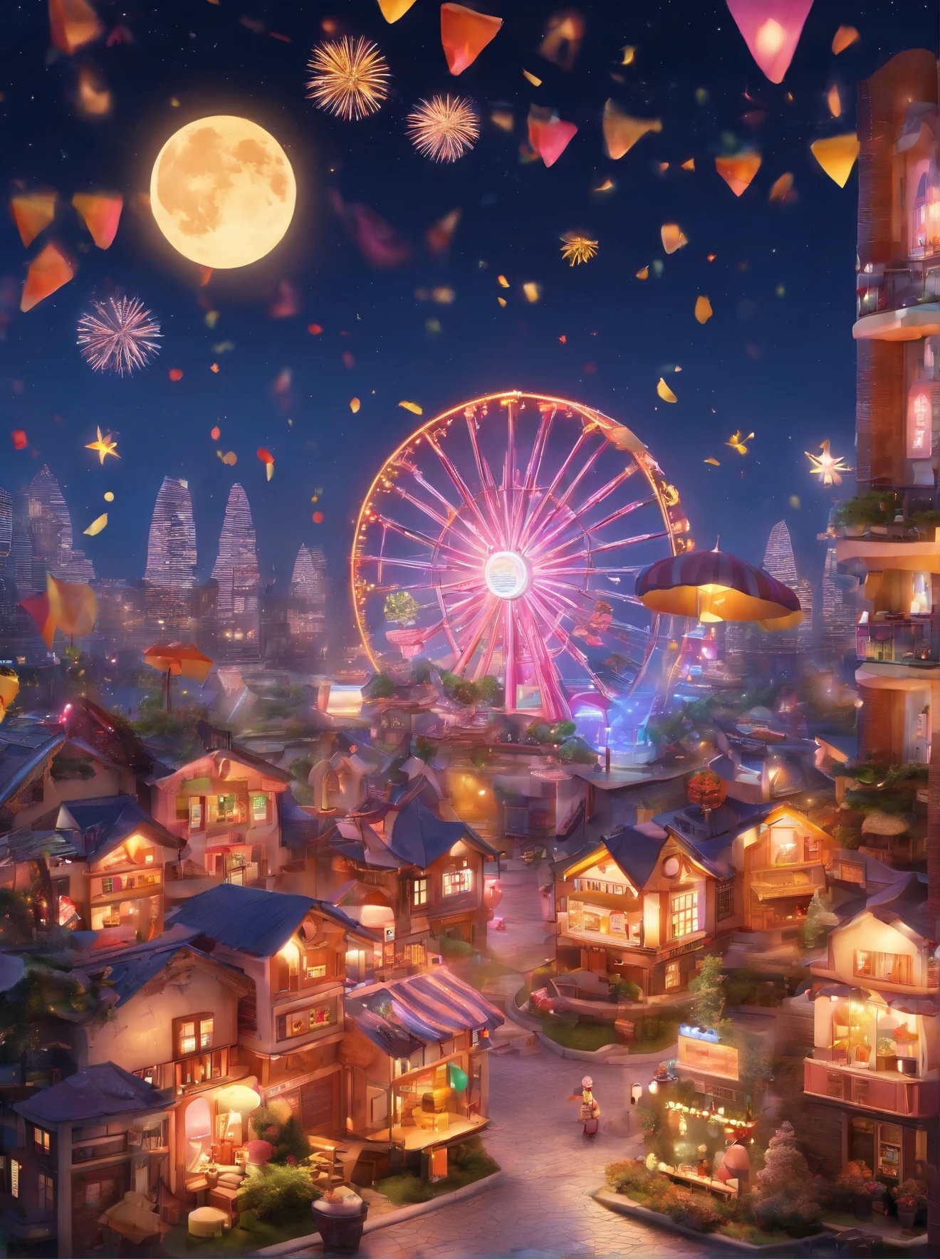 Night view of the land of sweets、The dynamic and expansive cityscape can be seen far into the distance、A gaze looking up from the bottom of the slope、Fantastic atmosphere、Watching from a distance、A house made of cookies has a chocolate roof、Rides made of candy、Table made of chocolate、A sparkling world、top-quality、​masterpiece、night landscape、A city illuminated by street lamps、Be overwhelmed by the powerful cityscape、You can see the Ferris wheel in the distance、Fireworks are going off、Cotton candy cloud、Cityscape illuminated by moonlit night、Twinkling Stars、Mixed Juice Lakes、Detailed building window frames and even cookies、