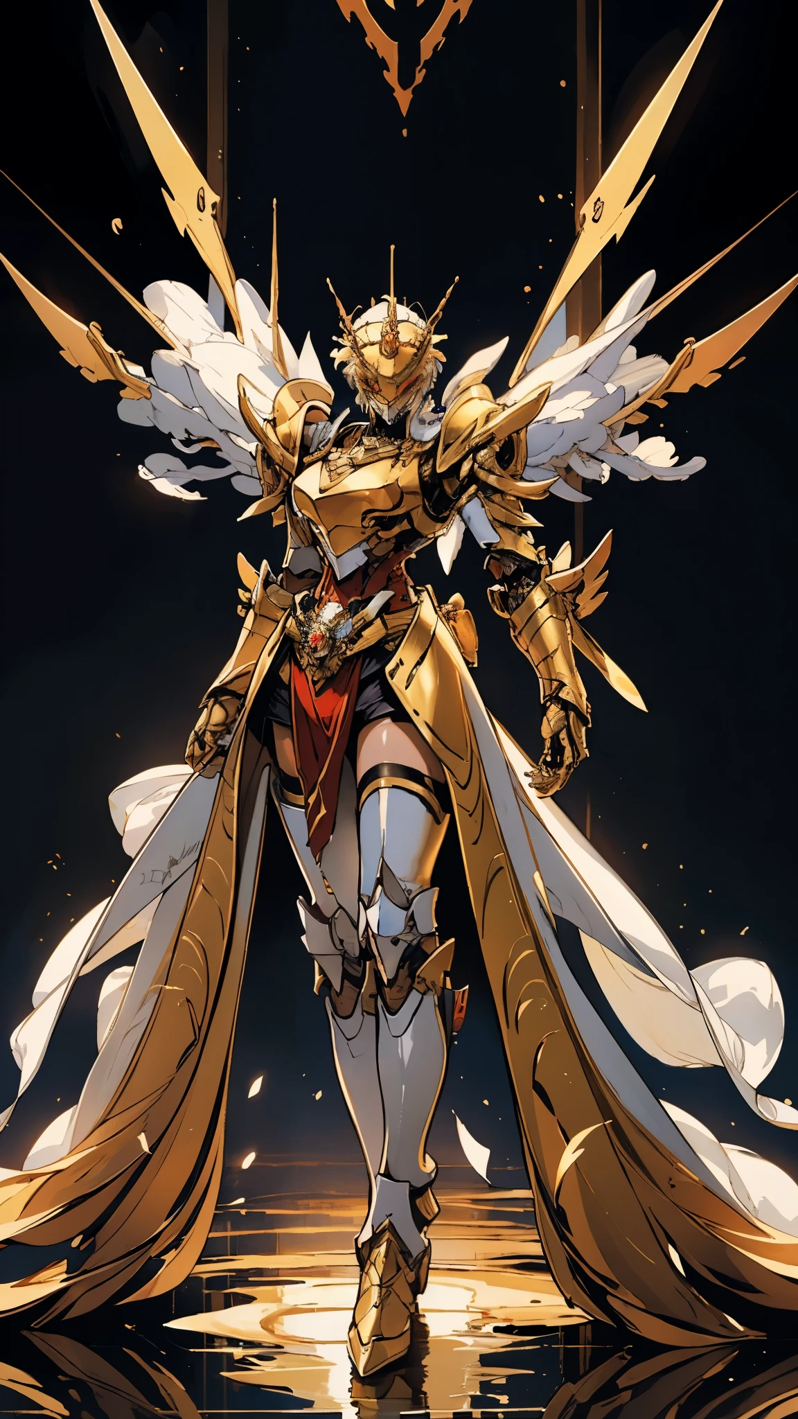 A woman adorned in fantasy-style full-body armor, a crown-concept fully enclosed helmet that unveils only her eyes, a composite layered chest plate, fully encompassing shoulder and hand guards, a lightweight waist armor, form-fitting shin guards, the overall design is heavy-duty yet flexible, (the armor gleams with a golden glow, complemented by red and blue accents), exhibiting a noble aura, she floats above a fantasy-surreal high-tech city, this character embodies a finely crafted fantasy-surreal style armored hero in anime style, exquisite and mature manga art style, (mixture of Queen bee and Spider concept Armor, plasma), ((Element, elegant, goddess, femminine:1.5)), metallic, high definition, best quality, highres, ultra-detailed, ultra-fine painting, extremely delicate, professional, anatomically correct, symmetrical face, extremely detailed eyes and face, high quality eyes, creativity, RAW photo, UHD, 32k, Natural light, cinematic lighting, masterpiece-anatomy-perfect, masterpiece:1.5