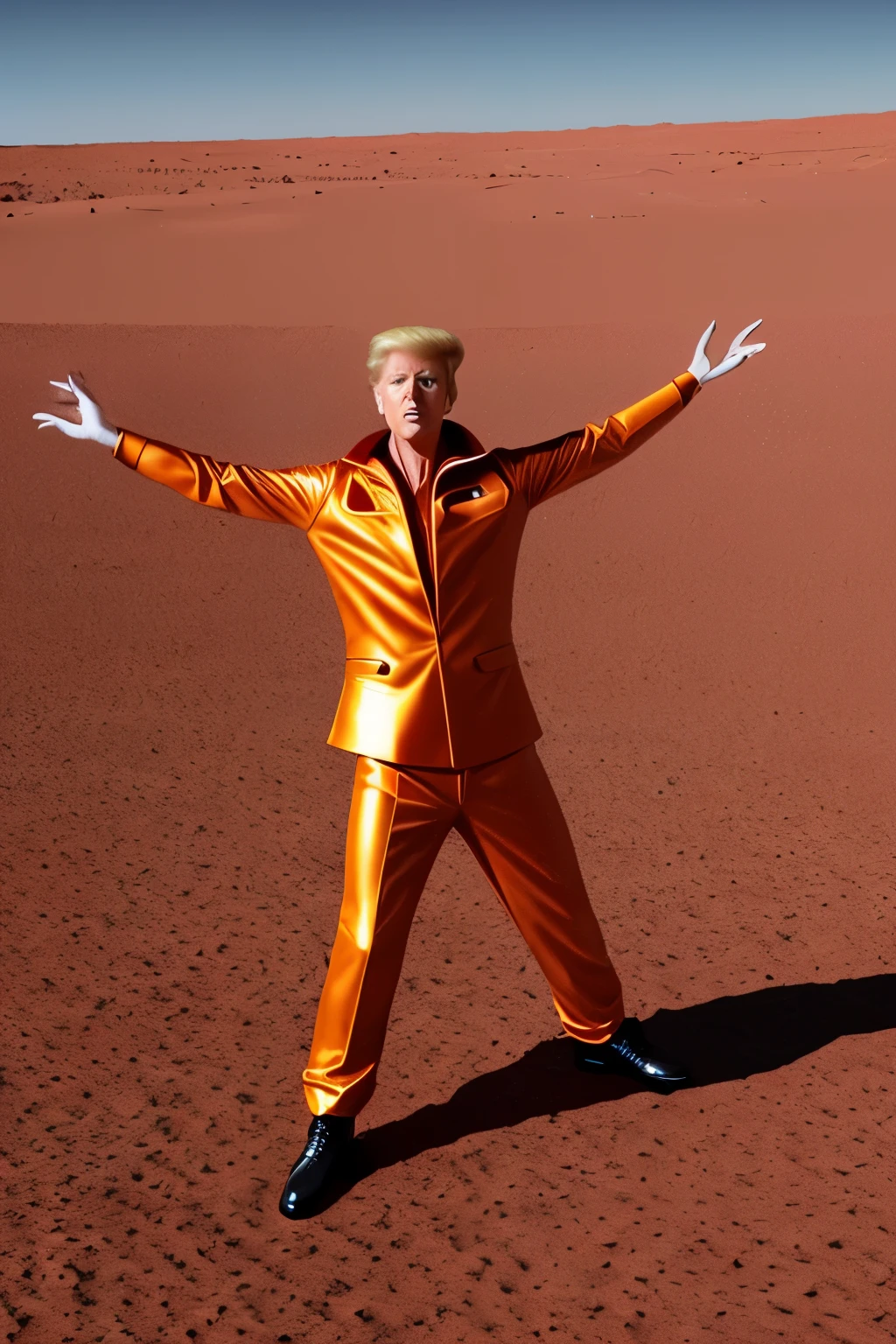 A surreal scenario unfolds on the red sands of Mars as Donald Trump, dressed in a sleek, otherworldly suit, starts to dance with a boundless energy. His movements are energetic and full of life, as if he has discovered the joy of weightlessness for the first time. (space: 1.1), (dancing: 1.2), (Donald Trump: 1.0), (Mars surface: 1.0), (sleek suit: 1.3), (surreal: 1.1), (dance: 1.3), (energetic: 1.2), (red sands: 1.1), (otherworld