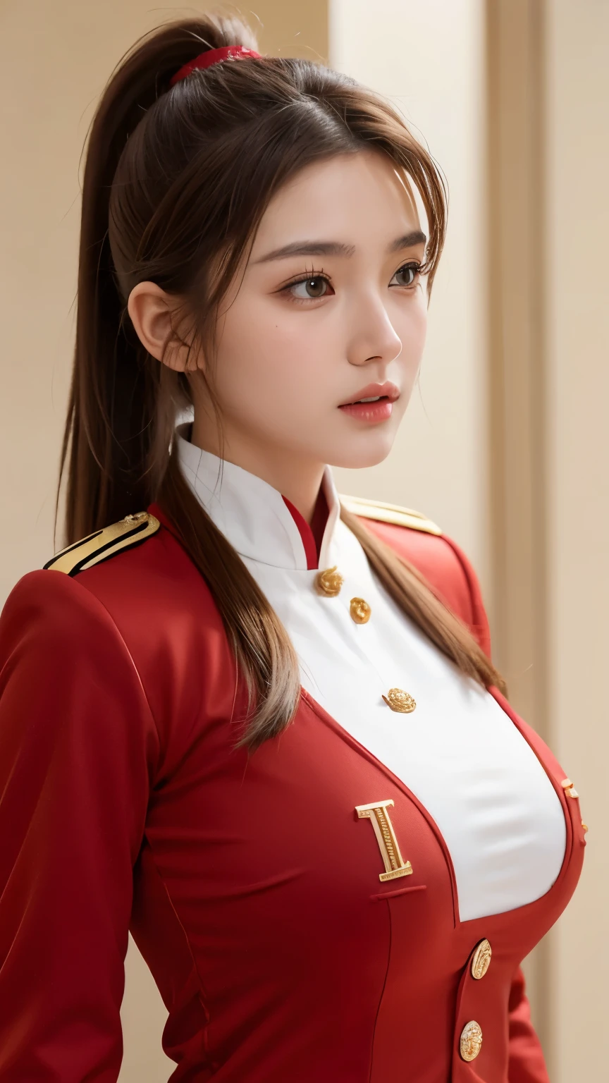 1girl,huge breast, brown hair, brown eyes,high quality, ultra detailed, masterpiece, realistic,red uniform, ponytail