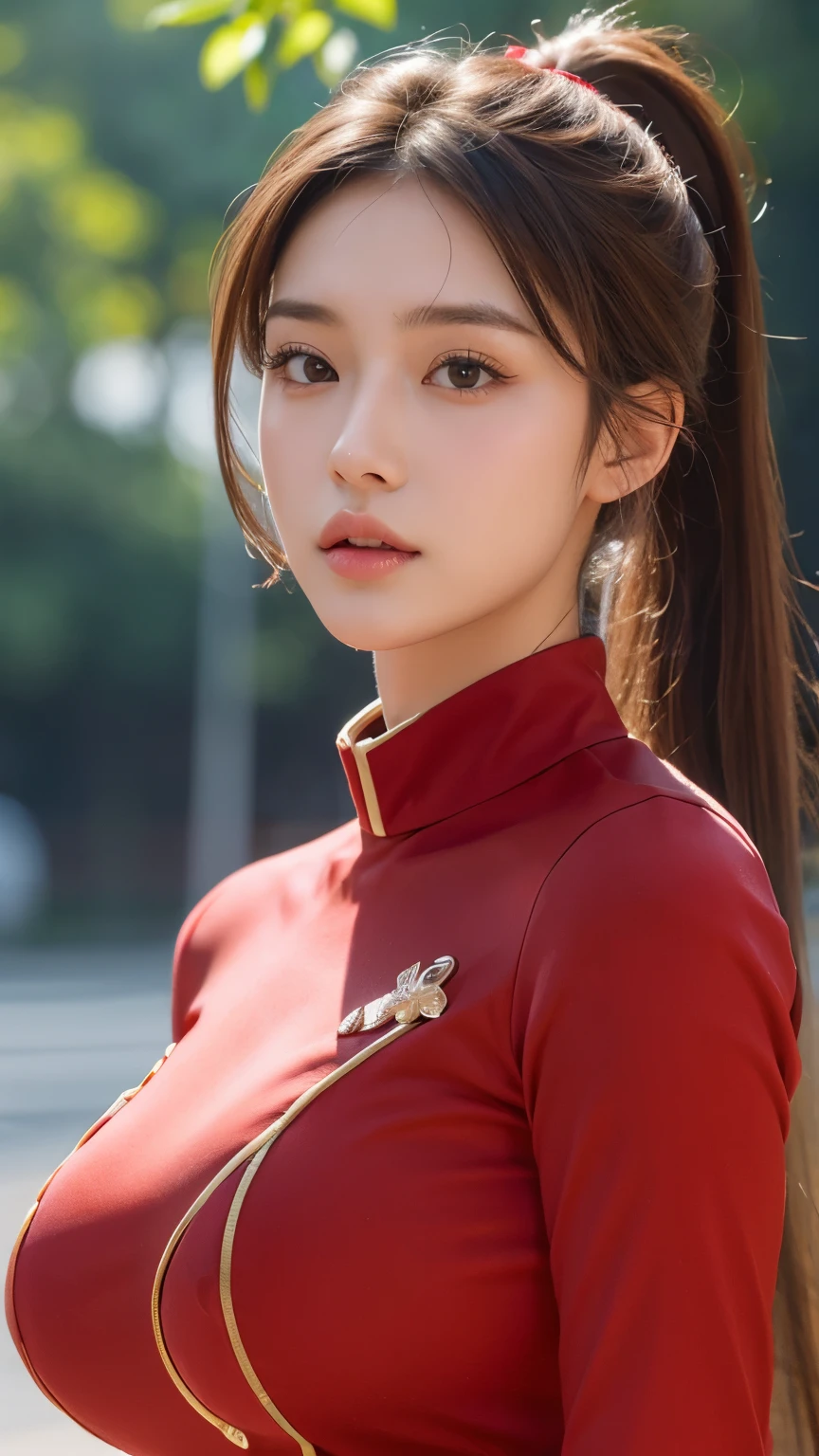 1girl,huge breast, brown hair, brown eyes,high quality, ultra detailed, masterpiece, realistic,red uniform, ponytail 