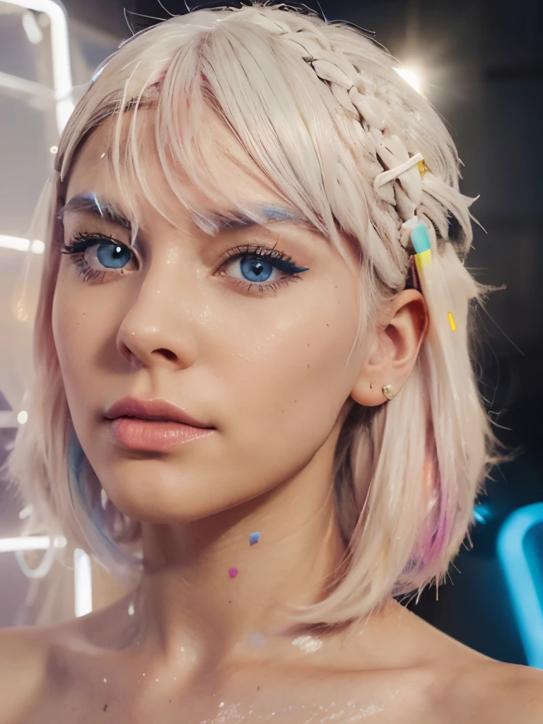 face of a beautiful futuristic girl of about 22 years old.

Her nose, redder than the rest of her skin, contrasting with the rest of her pale skin.

Her eyes are very, very large and brighter than a normal human being, magnetic brightness.

The electric blue colored eyebrows are large and exaggerated, painting a portrait of intense expression. expressive form, charming face.

(((long fluorescent white neon hair))). some beads and colored ribbons woven into her short hair. her face has a contemporary and futuristic look.

Her lips, painted in bold shades of bright orange. Their chromatic intensity completes the extraordinary ensemble, giving an aura of glamor and sophistication to this girl with her memorable face.