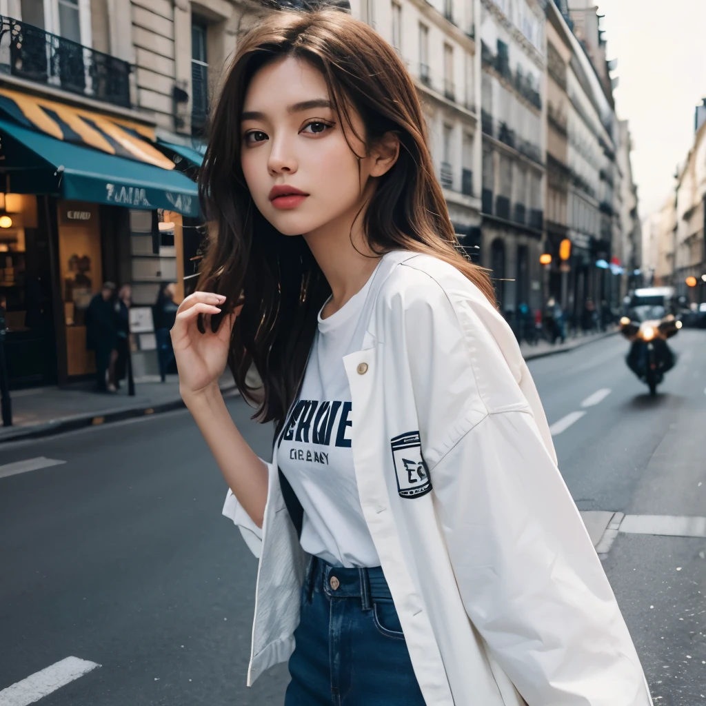 Girl, long blonde brown hair, brown eyes, sharp features, white skin, T-shirt, denim jacket and jeans style, Paris