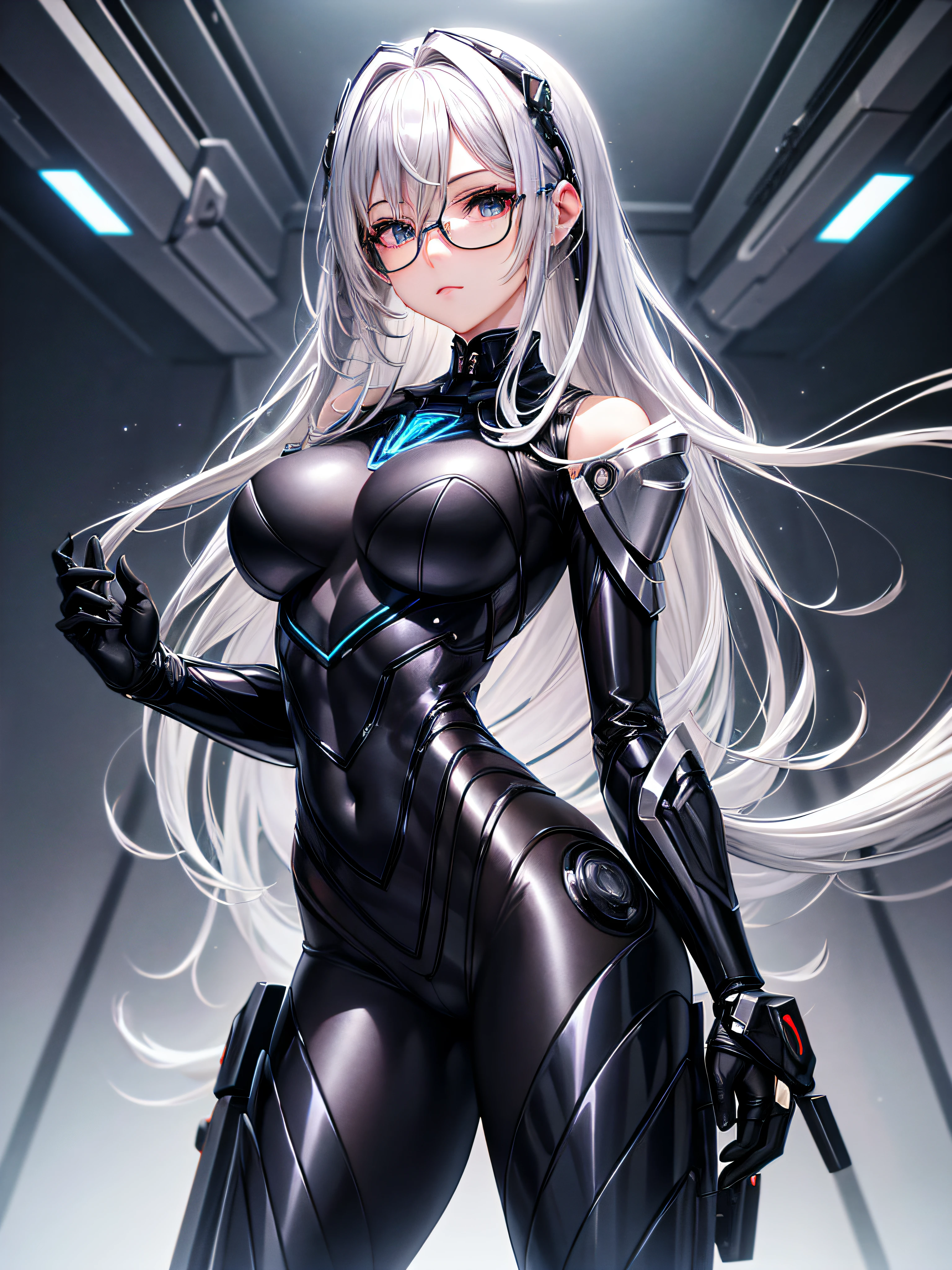 5 8K Ultra HD、Silver-haired mechanical beauty，black metal body，wear glasses，Buttocks and twist、Black metal robot hiding shiny skin、black metal hips