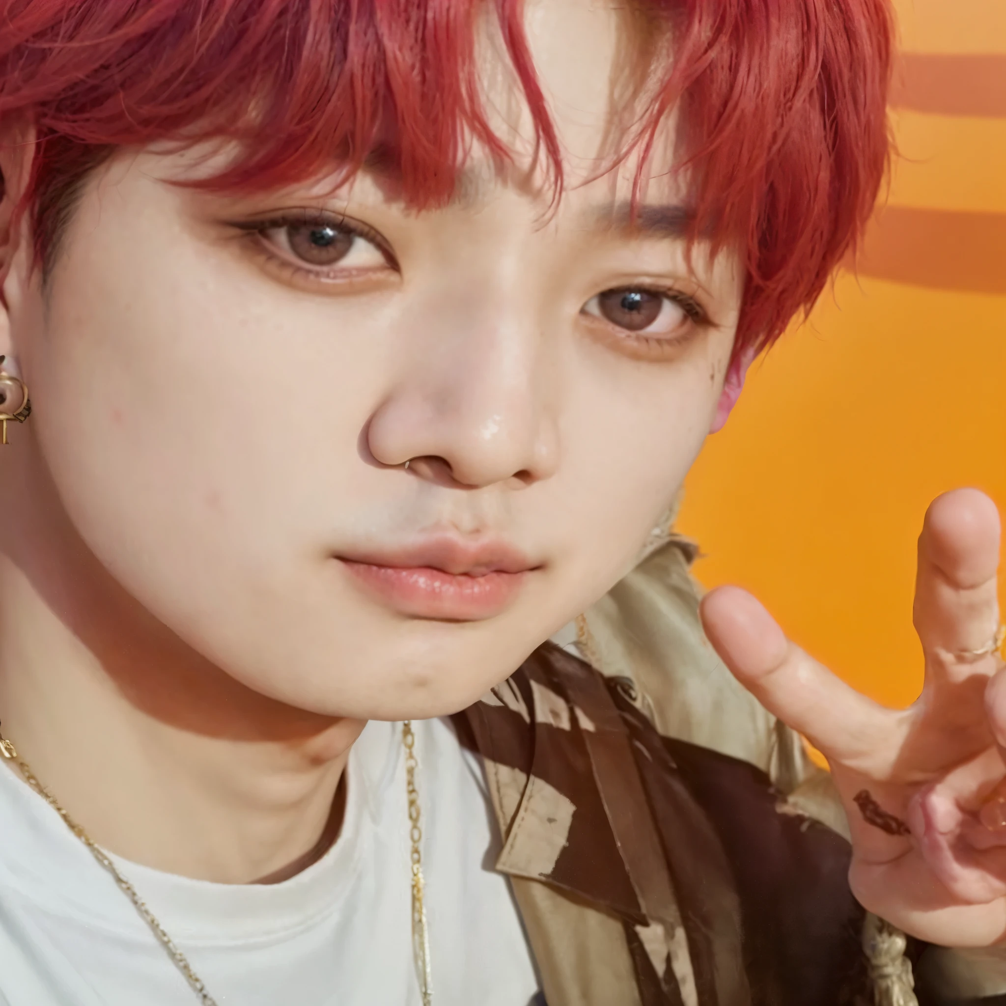 arafed asian man with red hair and piercings making a peace sign, jungkook, cai xukun, jimin\'s right eyelid swollen, park jimin, sun yunjoo, hyung tae, jimin\'s plump lips, jimin\'s grecian nose, jimin, kim doyoung, wan adorable korean face, jinyoung shin, accurate jimin face