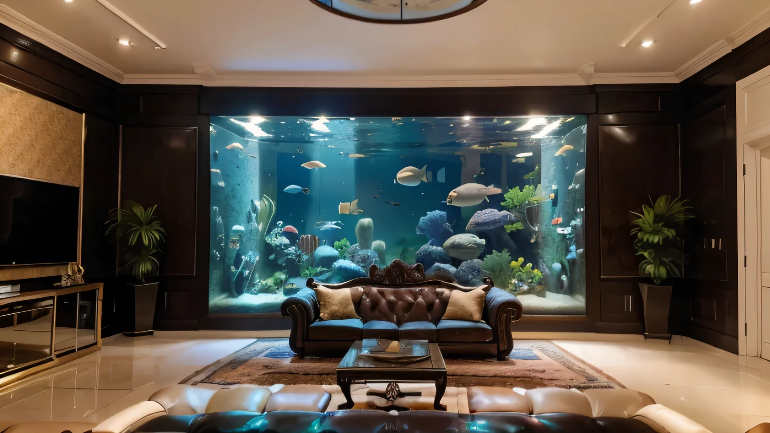 imagine a hyper-realistic 8k wide view image showing a well furnished the sitting room of a very wealthy home. There are many sofas in the room. At a corner of the room is an aquarium with some colored fish. This home is in an african mega city .