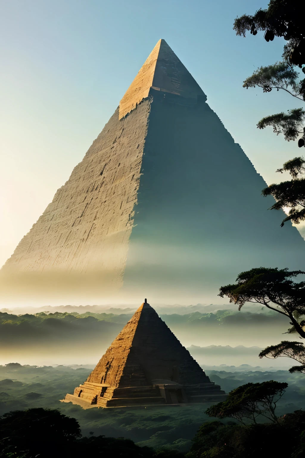 Pyramid floating in the air above the equatorial forest, bathed in soft morning light, in the surreal style of Zdzisław Beksiński --

Detailed description:
A pyramid, defying gravity, floats gracefully above the dense equatorial forest. The forest, rich with vibrant greens, casts a warm glow upon the pyramid's ancient, weathered surface. The soft morning light filters through the canopy, illuminating the intricate carvings and lines etched into the pyramid's stone walls. The pyramid's peak catches the first rays of the sun, creating a brilliant modification of light and shadow