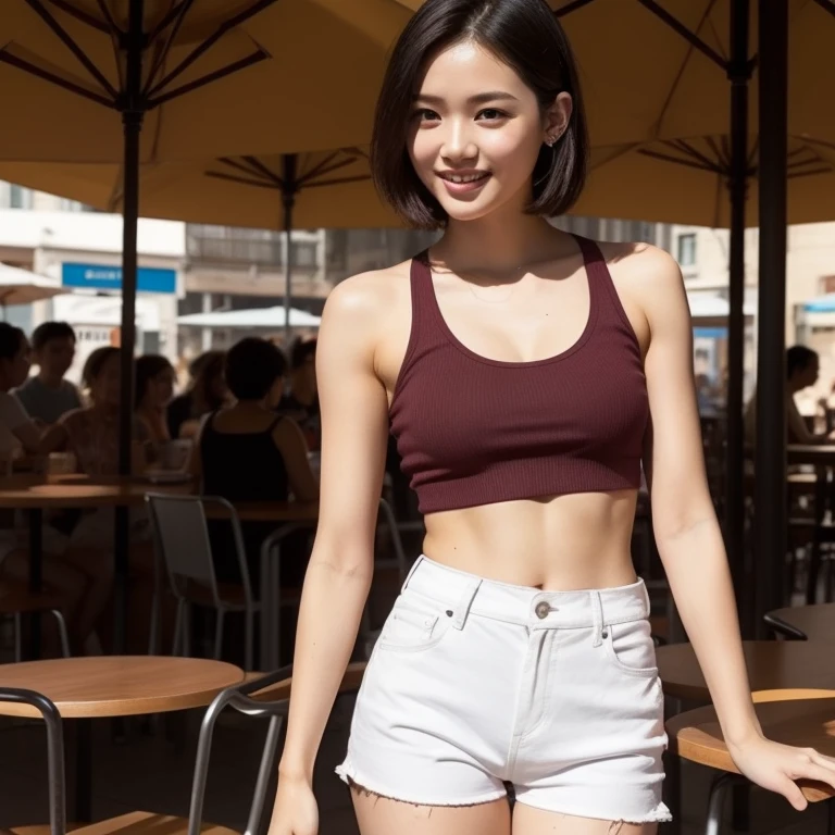 ultra-detailed, 1 girl, Asian, athletic body, realistic skin texture, (breasts:0.9), smile, gaze at viewer, cropped T-shirt, skinny T-shirt, tight tank top, hot pants shorts, movie lighting, face focus, fine eyes, detailed face, well lit face, sunny day, outdoor cafe in background, nice thighs