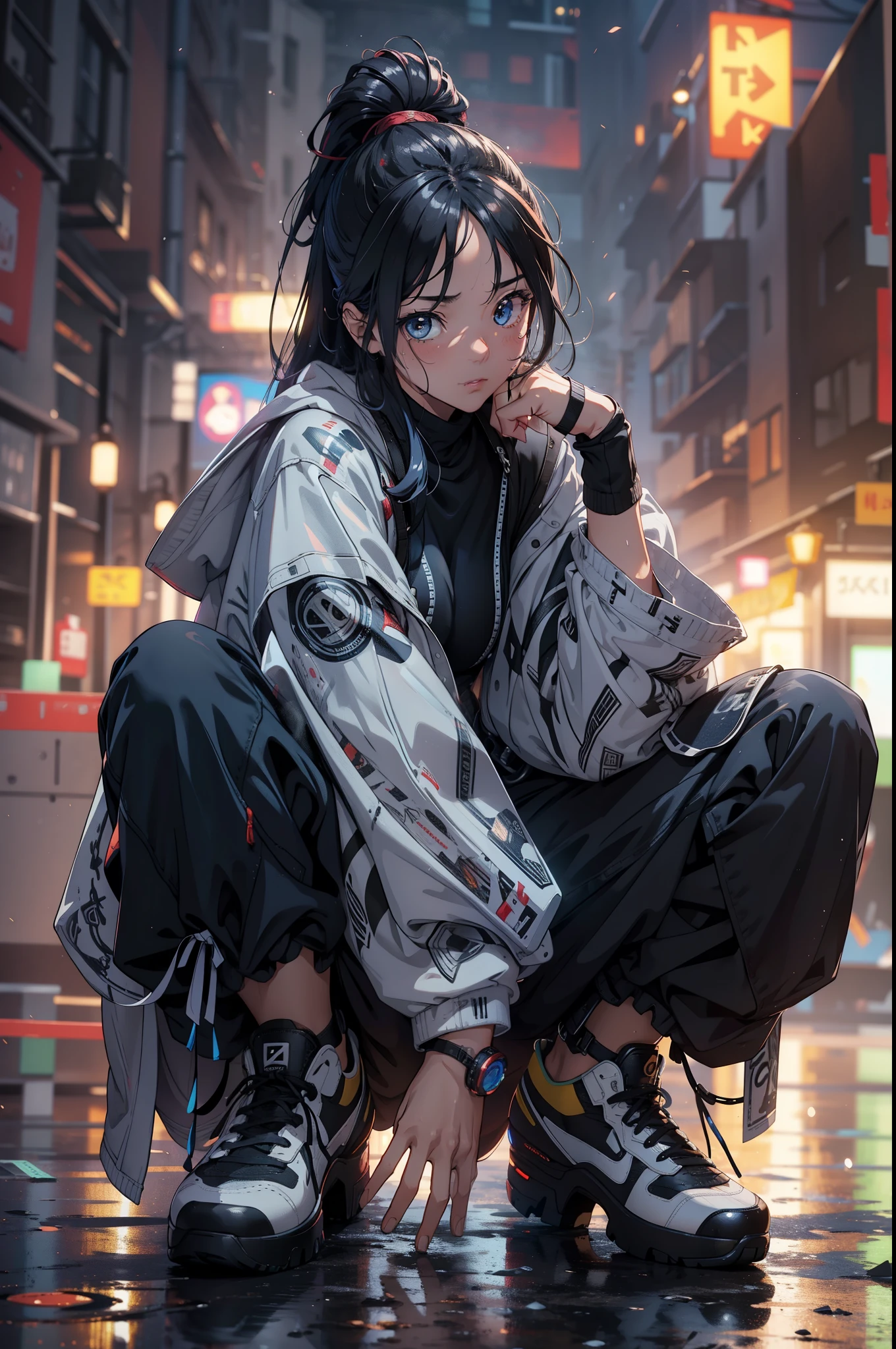 Anime girl sitting on the ground in the rain - SeaArt AI