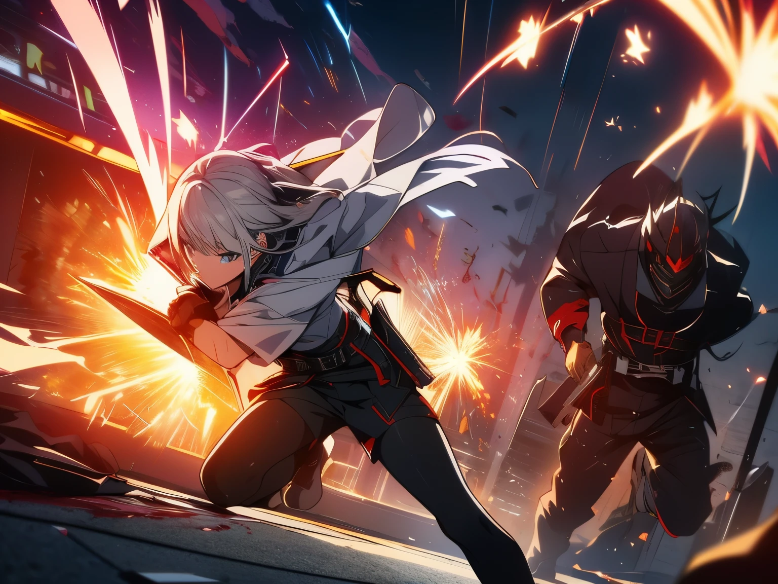 ((highest quality)), ((highest resolution)), ((masterpiece)), ((Super detailed)), 1 girl, white skin, silver hair, long hair, blue eyes, cool look, black and red (8:2) hoodie, gray roll-up shorts and belt, Black pants stockings, black short boots, low stance, Fight, Japan held up a sword, Japanese sword swinging down towards the demon, blood splatter, midnight, city, city, bevel, tense, action, full length, dynamic angle Japanese sword swinging and slashing at demon, blood splatter, midnight, city, urban, bevel, tension, action, full length, dynamic angle,anime taste,red effect, intense sparks flying.