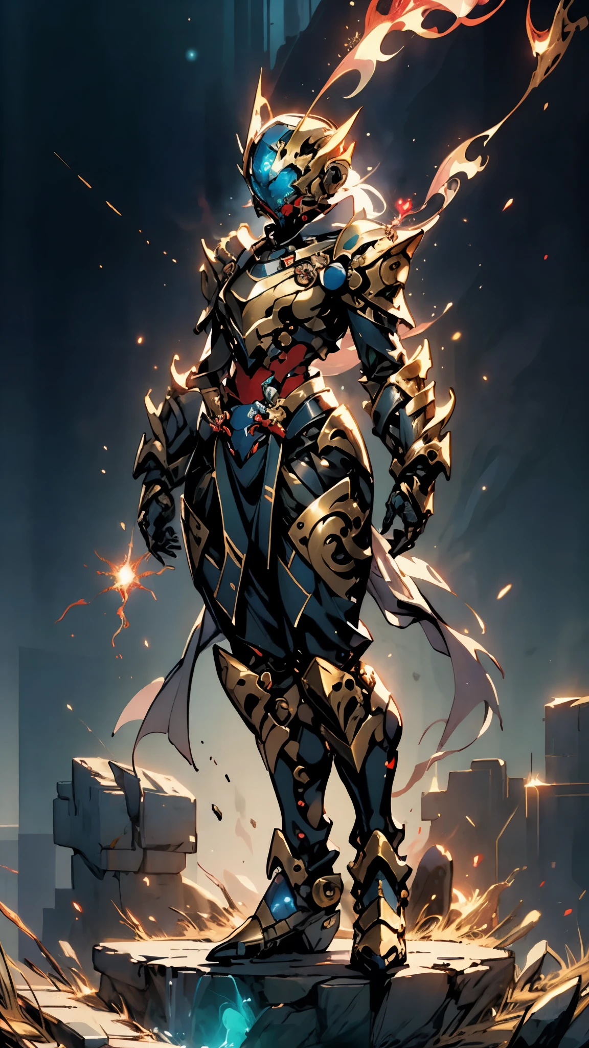 A woman adorned in fantasy-style full-body armor, a crown-concept fully enclosed helmet that unveils only her eyes, a composite layered chest plate, fully encompassing shoulder and hand guards, a lightweight waist armor, form-fitting shin guards, the overall design is heavy-duty yet flexible, (the armor gleams with a golden glow, complemented by red and blue accents), exhibiting a noble aura, she floats above a fantasy-surreal high-tech city, this character embodies a finely crafted fantasy-surreal style armored hero in anime style, exquisite and mature manga art style, (mixture of Queen bee and Spider concept Armor, plasma), ((Element, elegant, goddess, femminine:1.5)), metallic, high definition, best quality, highres, ultra-detailed, ultra-fine painting, extremely delicate, professional, anatomically correct, symmetrical face, extremely detailed eyes and face, high quality eyes, creativity, RAW photo, UHD, 32k, Natural light, cinematic lighting, masterpiece-anatomy-perfect, masterpiece:1.5