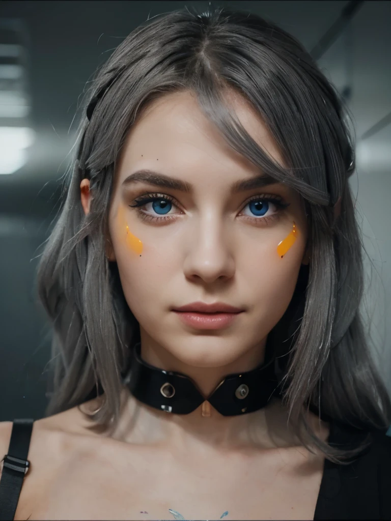 face of a beautiful futuristic girl of about 22 years old.

Her nose, redder than the rest of her skin, contrasting with the rest of her pale skin.

Her eyes are very, very large and brighter than a normal human being, magnetic brightness.

The electric blue colored eyebrows are large and exaggerated, painting a portrait of intense expression. expressive form, charming face.

(((long gray hair))). some beads and colored ribbons woven into her short hair. her face has a contemporary and futuristic look.

Her lips, painted in bold shades of bright orange. Their chromatic intensity completes the extraordinary ensemble, giving an aura of glamor and sophistication to this girl with her memorable face.