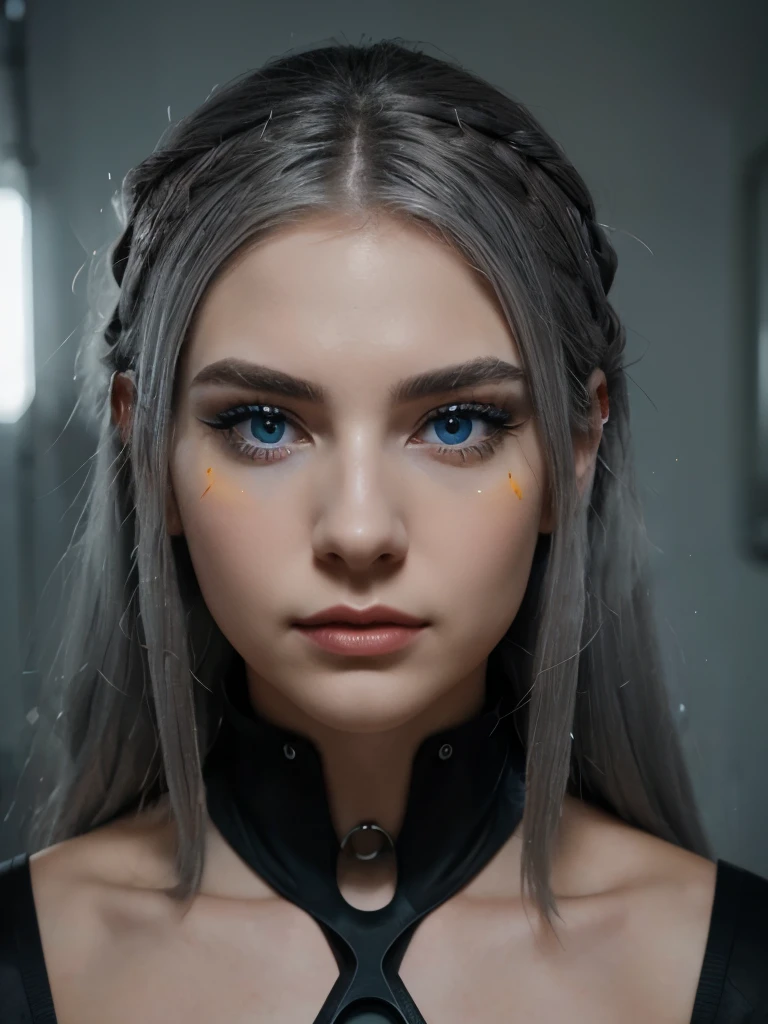 face of a beautiful futuristic girl of about 22 years old.
Her nose, redder than the rest of her skin, contrasting with the rest of her pale skin.
Her eyes are very, very large and brighter than a normal human being, magnetic brightness.
The electric blue colored eyebrows are large and exaggerated, painting a portrait of intense expression. expressive form, charming face.
(((long gray hair))). some beads and colored ribbons woven into her short hair. her face has a contemporary and futuristic look.
Her lips, painted in bold shades of bright orange. Their chromatic intensity completes the extraordinary ensemble, giving an aura of glamor and sophistication to this girl with her memorable face.