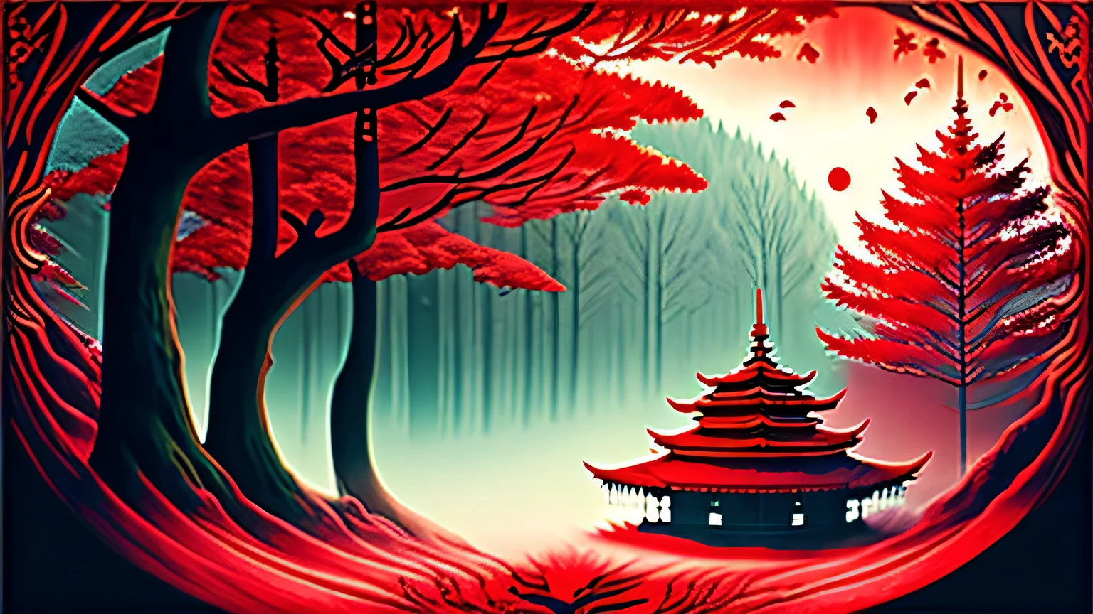 best quality,Magic Forest,Zen style,haunted spirit,Spacious scenery,winter,Blood red sky,Yin Yang