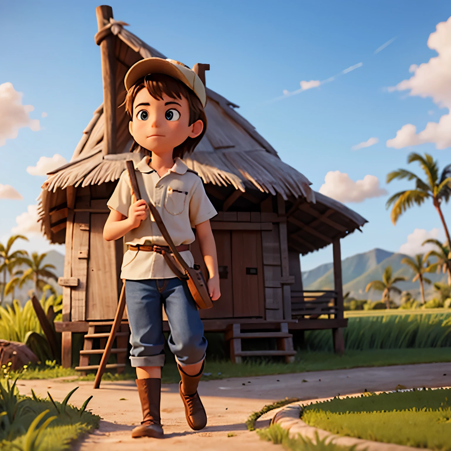 A young farmer with a cobra in the background of a hut and a rice field.