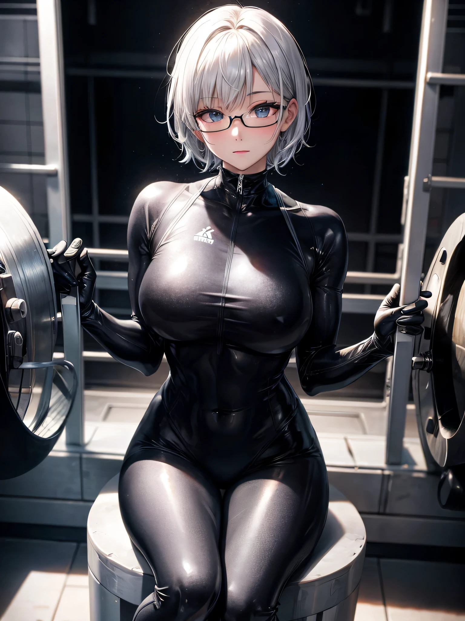 Top quality 8K UHD、short hair、pieces fly、cute eyes、silver hair、Glasses、logic、logic骨格系々、Full body gloss、Beautiful woman wearing a full-body black metallic suit、A black rubber suit that hides your lustrous skin