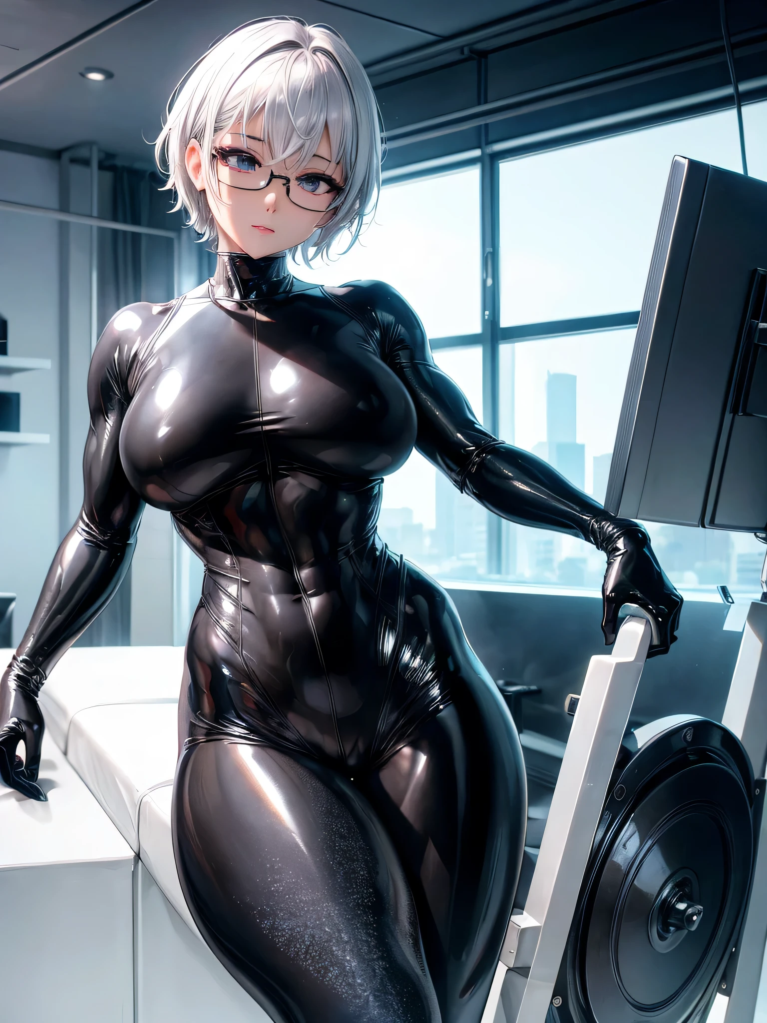 Top quality 8K UHD、short hair、pieces fly、cute eyes、silver hair、Glasses、logic、logic骨格系々、Full body gloss、Beautiful woman wearing a full-body black metallic suit、A black rubber suit that hides your lustrous skin