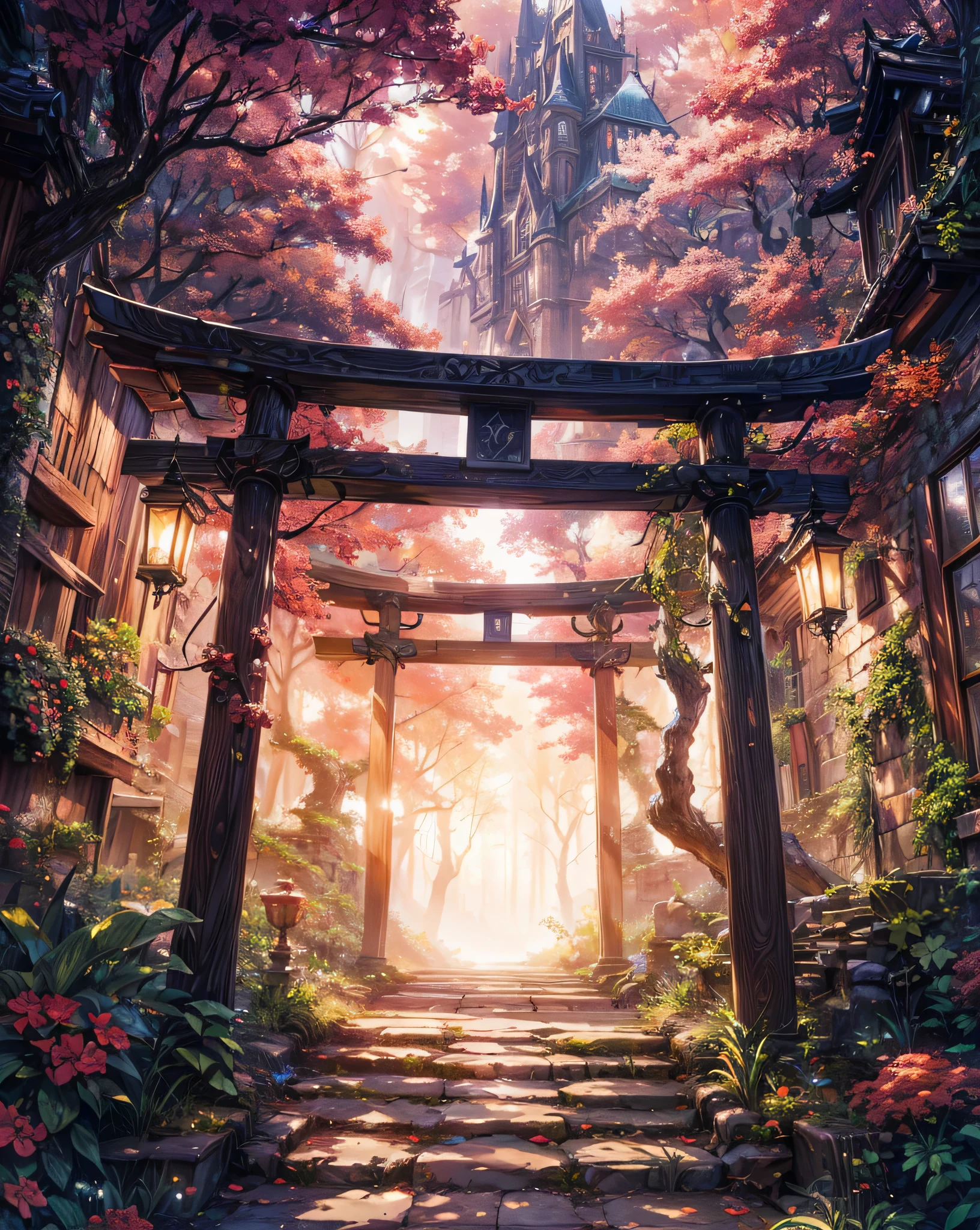 (masterpiece, highest quality, highest quality. official art, beautiful and aesthetic:1.2). A stunning matte painting depicting a stone building in the middle of a forest, dark fantasy setting, An enchanting forest of illusions, House of the Forest Witch, highly detailed fantasy art, detailed fantasy digital art, digital 2d fantasy art, detailed digital 2d fantasy art, Inspired by Andreas Rocha, Enchanting and magical forest, fantasy art style, Unreal Engine Fantasy Art, magical fantasy forest anime background fantasy paradise, sunset, intricate details, Realm of mythology, digital masterpiece, 14K resolution,