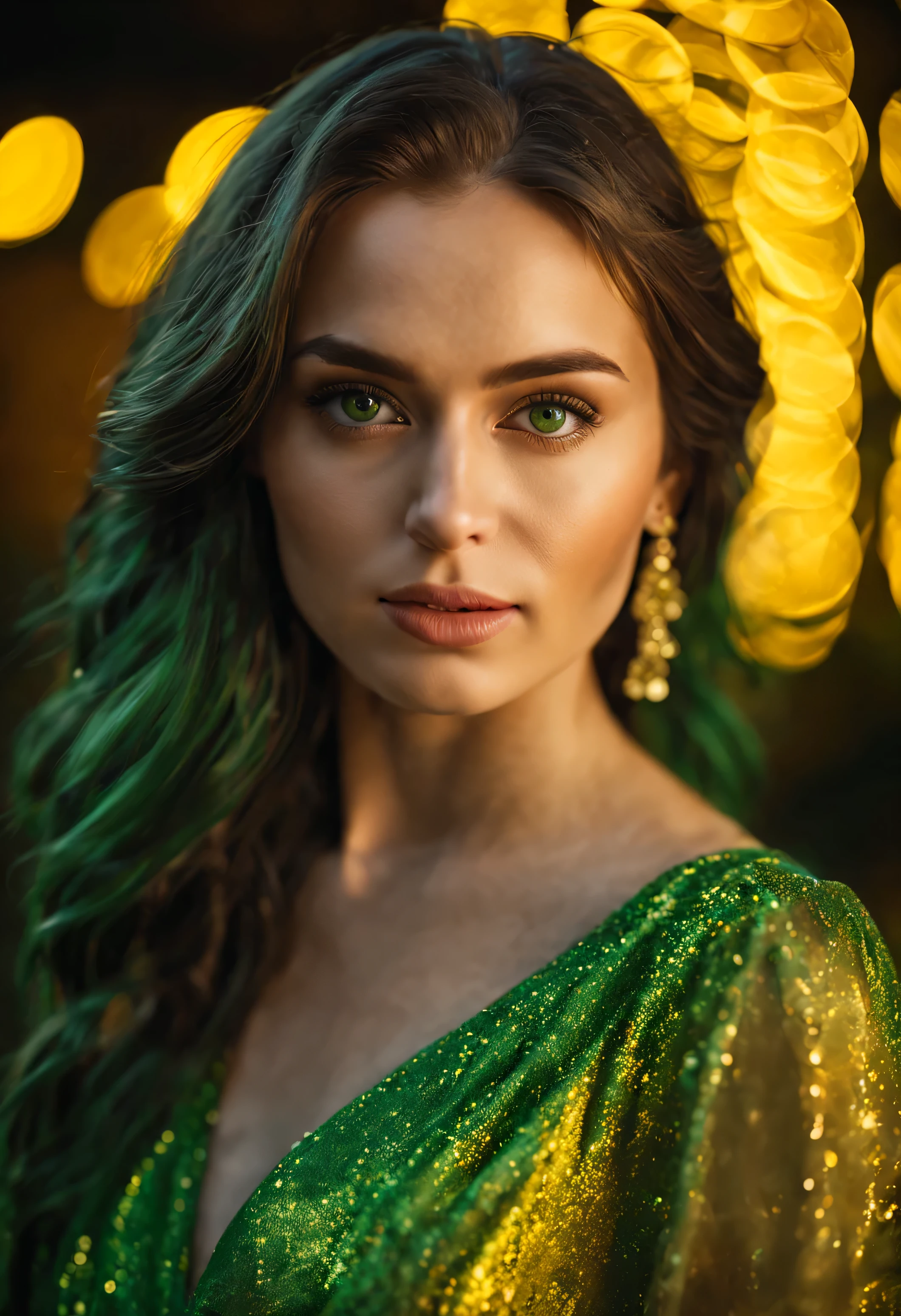 best quality super resolution hd ultra realistic super resolution 8k light effect , potrait shoulder potrait of beautiful 26 years old russian women haivng green shiny eyes , long dark green shaded hair , wearing yellow long dress . bokeh effect , cineamtic lighting , ultra realisic soft light