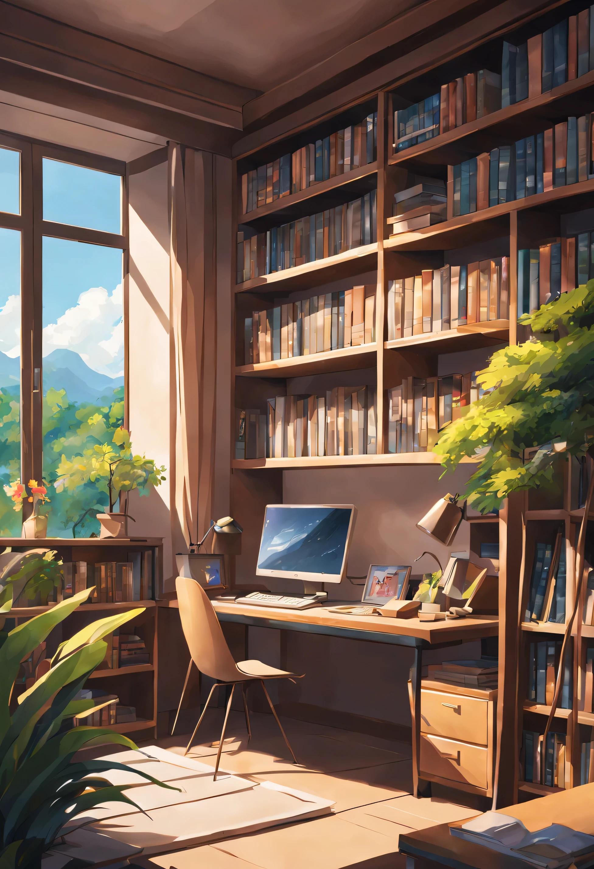 study room, table, computer, Monitor beautiful nature footage, bookshelf,masterpiece, anime style, anime