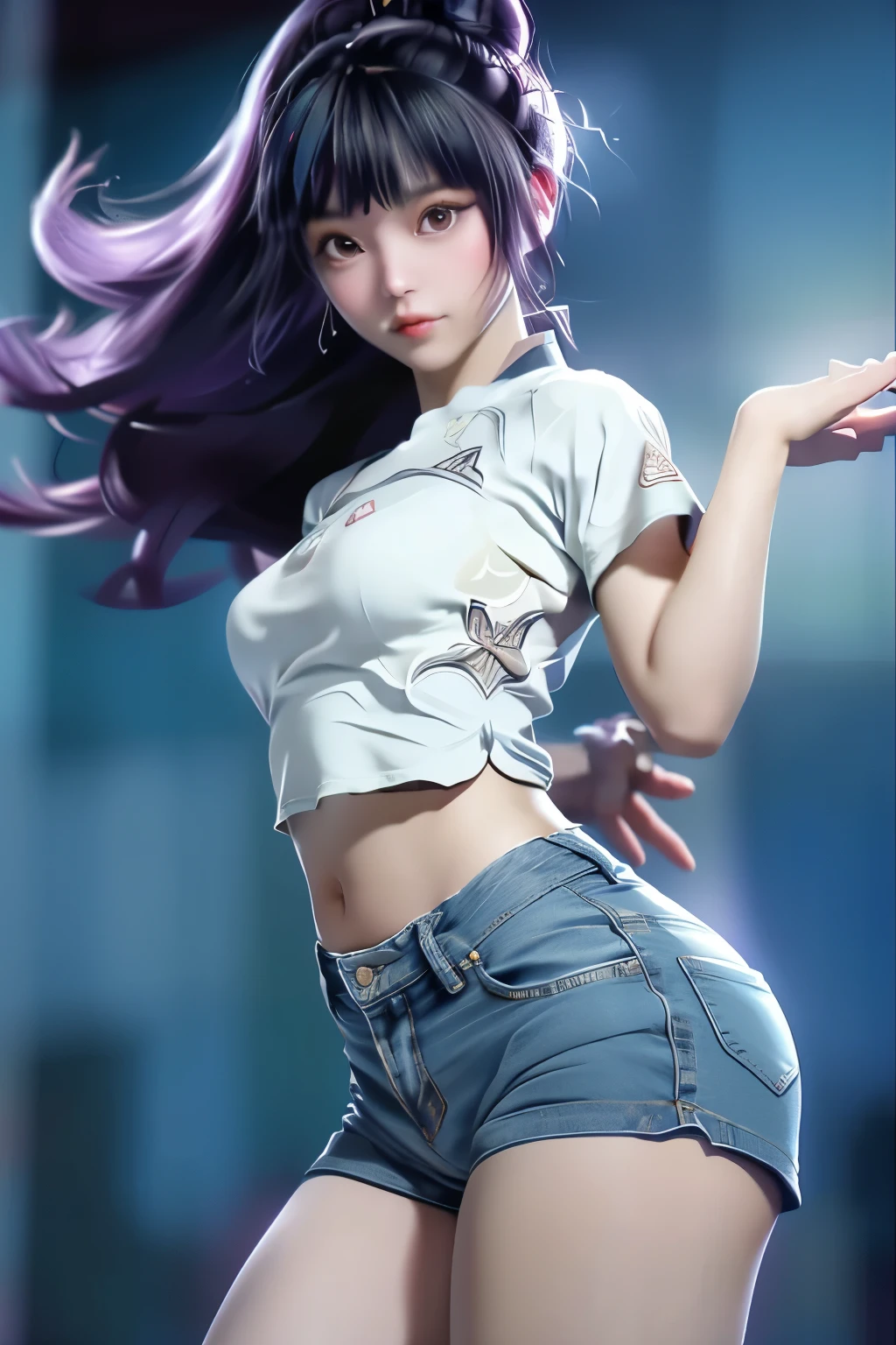 (Hinata Hinata, Very sensual, Clothes for girls with funk, Brazilian, rio de janeiro, Dancing funk, scroll, big ass, Thick legs, Wearing short denim shorts, wearing a mini shirt, There is leakage in the belly button, Nike sneakers, long hair, Speakers at the back, Very realistic, very sexy, 8k, 8k is extremely detailed), (extremely delicate and beautiful), (masterpiece), (better quality: 1.0), (ultra high definition:1.0)