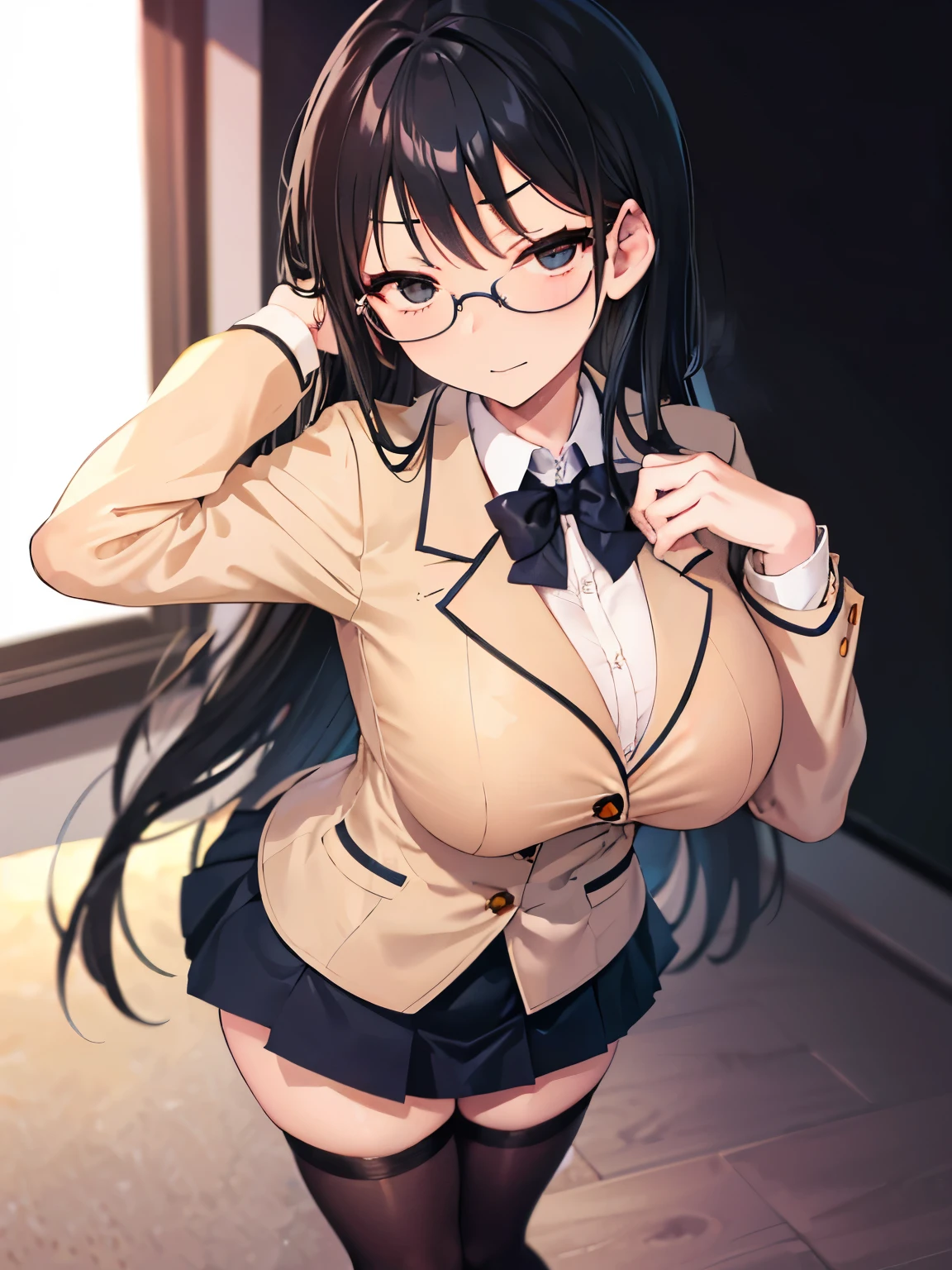 A high school girl is standing in the classroom。High school girl with long black hair、She has big breasts, wears glasses, and has a serious expression.。He is wearing a school uniform, a beige blazer and black stockings.。