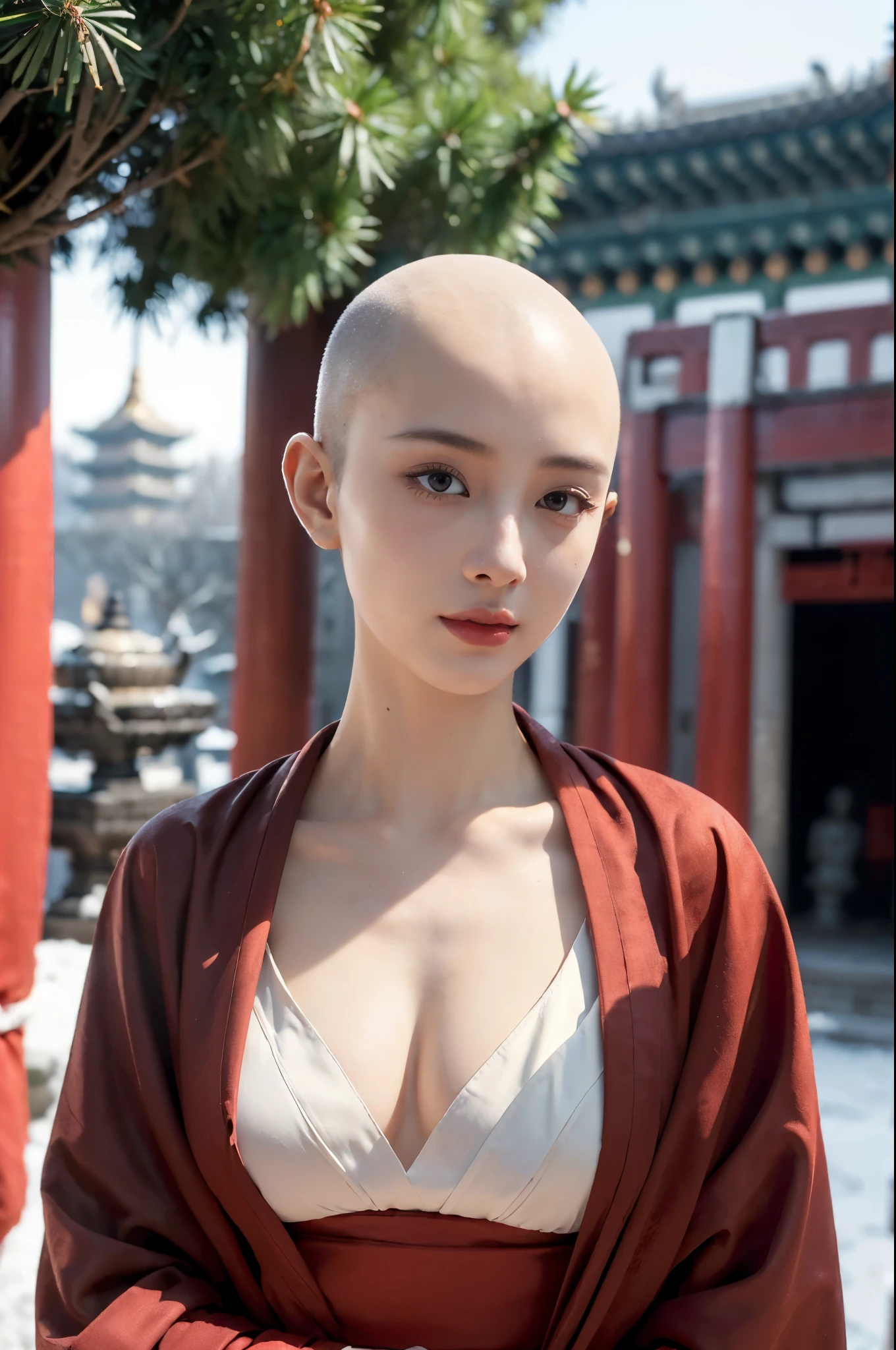 ((((8k))),((Extremely meticulous CG)) ,(wallpaper),16k,((Extremely refined and beautiful)),(((Masterpiece))),(((best qualtiy))),(((Ultra High Resolution))),beautiful light up,Perfect lightning,realistic shaded,[A high resolution],(Smooth and flawless fair skin:1.5),(pale skin:1.3),Extremely exquisite facial details,(perfect body:1.1),ultra-detailed,A beautiful girl,(Buddhist nun:1.3),(small head:1.2),(bald:1.5),(no hair:1.3),(small face:1.2),Exquisite makeup,(gigantic breasts:1.5),(towering chests:1.5),((slim,thin)),happy,(smile:1.2),(collar:1.2),(Gorgeous red robe:1.5),(hakama:1.2),(day scene:1.5),(outdoor:1.2),(In the courtyard of a Chinese Buddhist temple:1.5),(bright sunshine:1.2),(detailed background:1.5),(standing:1.3),(In front of the Buddha statue:1.3),(Put hands together devoutly:1.3),(full body:1.3),(from front:1.3),(Smoky:1.3),(surrounded by crowded crowds:1.5),(winter:1.2)