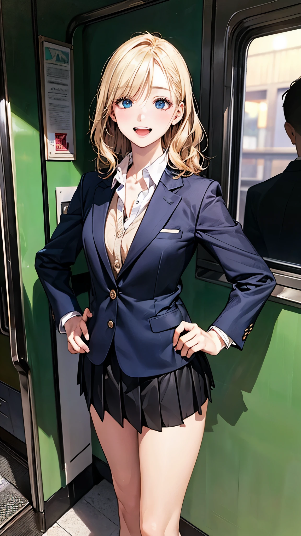 (masterpiece:1.2, top-quality), (realistic, photorealistic:1.4), beautiful illustration, (natural side lighting, movie lighting), 
looking at viewer, 1 girl, japanese, high school girl, perfect face, perfect body, cute and symmetrical face, shiny skin, babyface, 
(short hair:1.5, wavy hair:1.6, long sideburns, blond hair), asymmetrical bangs, blue eyes, (middle breasts, seductive thighs), , 
beautiful hair, beautiful face, beautiful detailed eyes, beautiful clavicle, beautiful body, beautiful chest, beautiful thigh, beautiful legs, beautiful fingers, 
(((black school blazer, closed blazer), white collared shirt, black box pleated skirt) ), high heels, 
(beautiful scenery), evening, (inside train), standing, hands on hips, (happy smile, upper eyes, open mouth), 