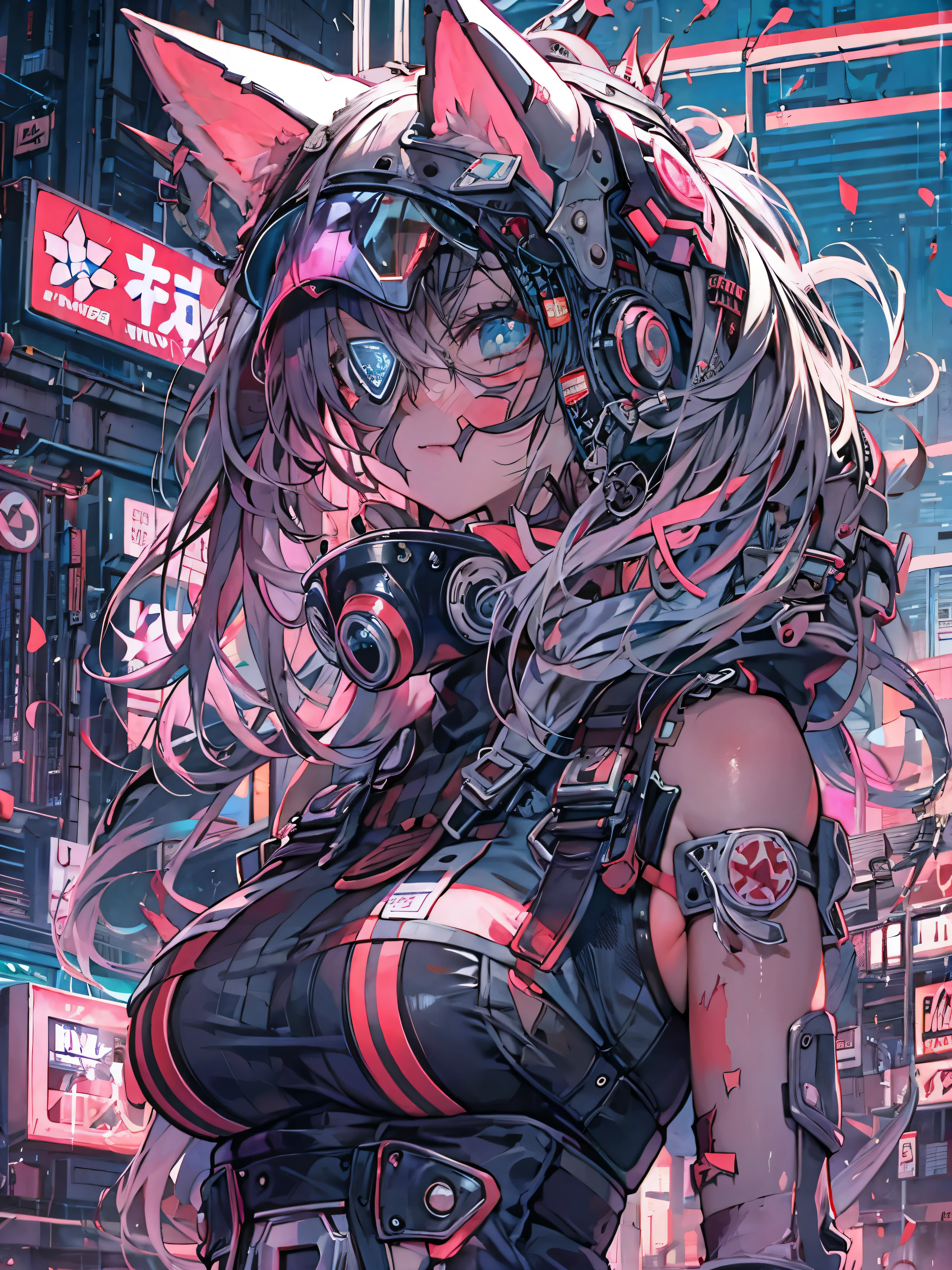 neon gas mask cyberpunk anime cat girl, with vibrant colors and sharp details.big breasts,whole body composition