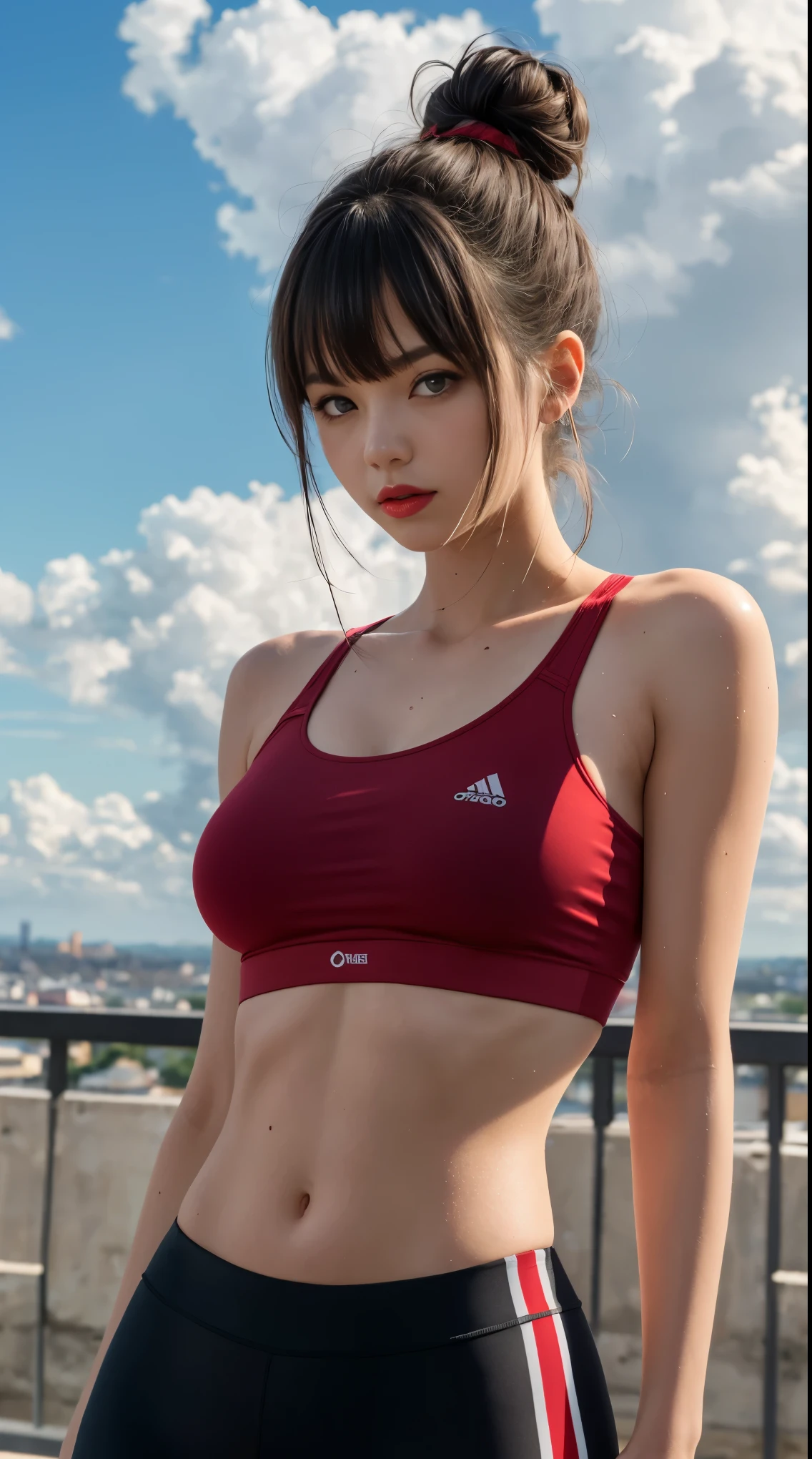 Girls, Bangs, European, Russian race, Girl, slim, 21 years old, Height 160cm, medium breasts, cloudy background, cloudy sky, black hair, hair bun, View Viewer, Parted lips, Red eyes, Simple background, sportsbra, Solo, (Shiny skin),(Masterpiece:1.4),(Best quality:1.4),,Red lips, sweat, whole body
