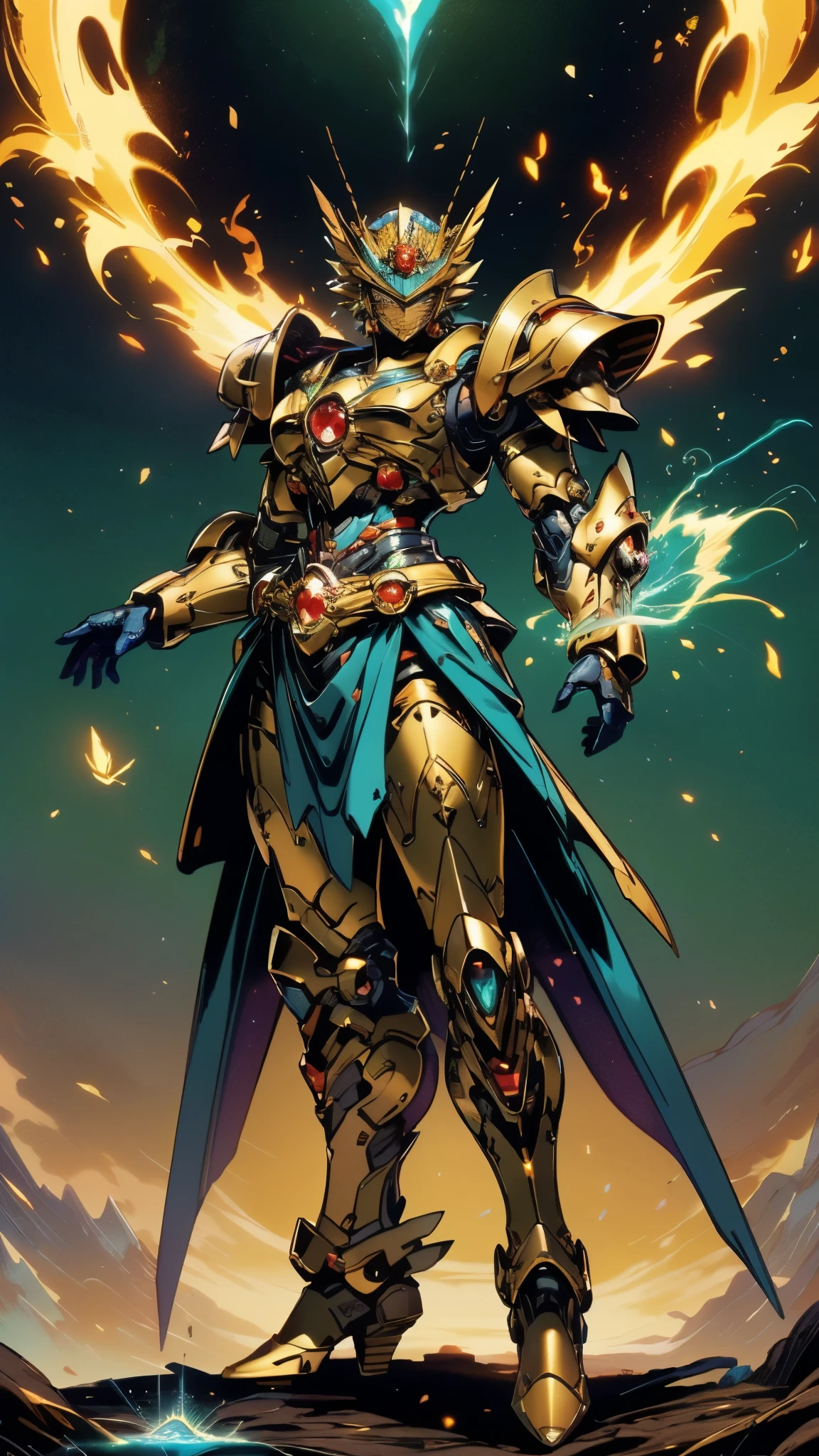 A woman adorned in fantasy-style full-body armor, a crown-concept fully enclosed helmet that unveils only her eyes, a composite layered chest plate, fully encompassing shoulder and hand guards, a lightweight waist armor, form-fitting shin guards, the overall design is heavy-duty yet flexible, (the armor gleams with a golden glow, complemented by red and blue accents), exhibiting a noble aura, she floats above a fantasy-surreal high-tech city, this character embodies a finely crafted fantasy-surreal style armored hero in anime style, exquisite and mature manga art style, (mixture of Queen bee and Spider concept Armor, plasma energy, blood energy), ((Element, elegant, goddess, femminine:1.5)), metallic, high definition, best quality, highres, ultra-detailed, ultra-fine painting, extremely delicate, professional, anatomically correct, symmetrical face, extremely detailed eyes and face, high quality eyes, creativity, RAW photo, UHD, 32k, Natural light, cinematic lighting, masterpiece-anatomy-perfect, masterpiece:1.5