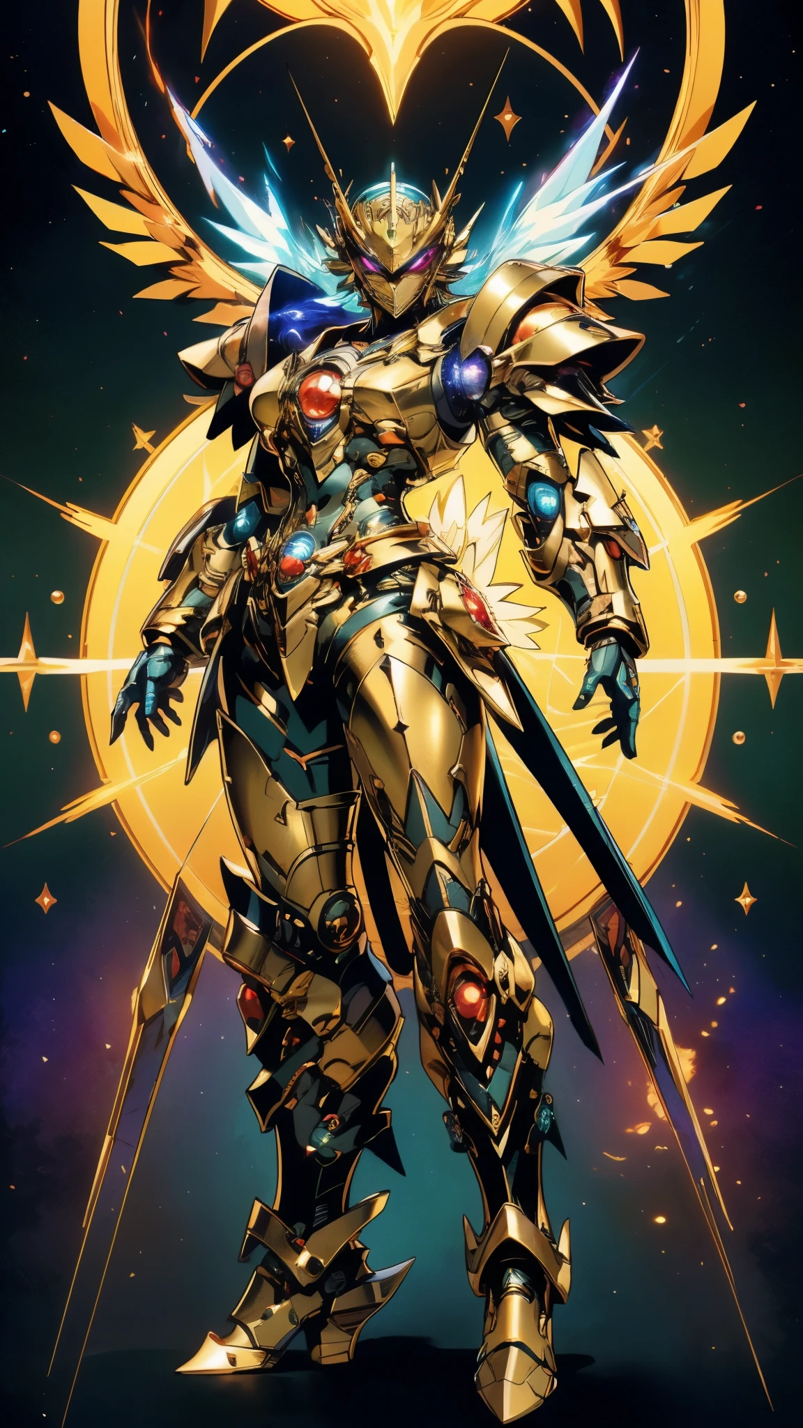 A woman adorned in fantasy-style full-body armor, a crown-concept fully enclosed helmet that unveils only her eyes, a composite layered chest plate, fully encompassing shoulder and hand guards, a lightweight waist armor, form-fitting shin guards, the overall design is heavy-duty yet flexible, (the armor gleams with a golden glow, complemented by red and blue accents), exhibiting a noble aura, she floats above a fantasy-surreal high-tech city, this character embodies a finely crafted fantasy-surreal style armored hero in anime style, exquisite and mature manga art style, (mixture of Queen bee and Spider concept Armor, plasma energy, blood energy), ((Element, elegant, goddess, femminine:1.5)), metallic, high definition, best quality, highres, ultra-detailed, ultra-fine painting, extremely delicate, professional, anatomically correct, symmetrical face, extremely detailed eyes and face, high quality eyes, creativity, RAW photo, UHD, 32k, Natural light, cinematic lighting, masterpiece-anatomy-perfect, masterpiece:1.5