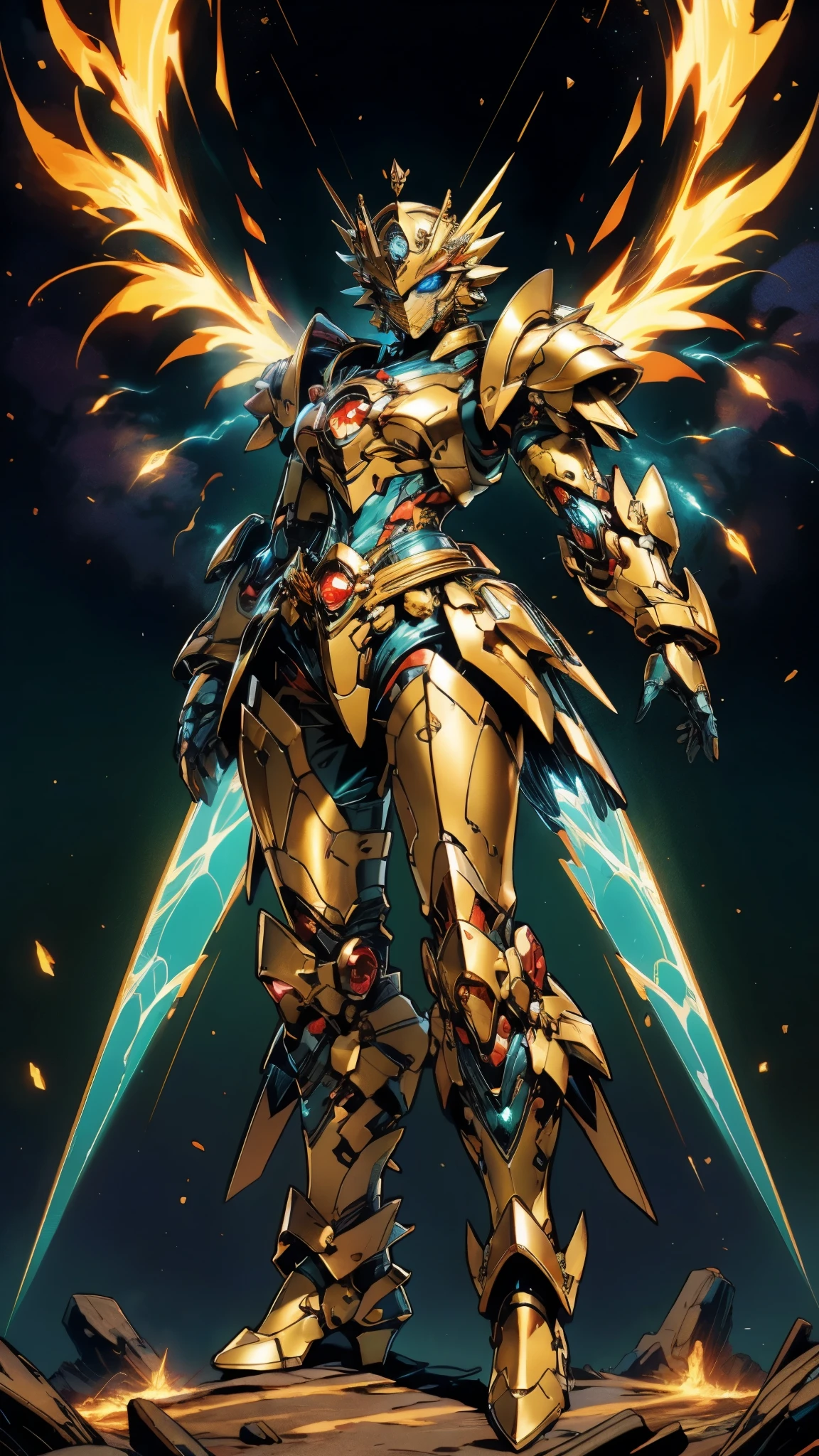 A woman adorned in fantasy-style full-body armor, a crown-concept fully enclosed helmet that unveils only her eyes, a composite layered chest plate, fully encompassing shoulder and hand guards, a lightweight waist armor, form-fitting shin guards, the overall design is heavy-duty yet flexible, (the armor gleams with a golden glow, complemented by red and blue accents), exhibiting a noble aura, she floats above a fantasy-surreal high-tech city, this character embodies a finely crafted fantasy-surreal style armored hero in anime style, exquisite and mature manga art style, (mixture of Queen bee and Spider concept Armor, plasma energy, blood energy), ((Element, elegant, goddess, femminine:1.5)), metallic, high definition, best quality, highres, ultra-detailed, ultra-fine painting, extremely delicate, professional, anatomically correct, symmetrical face, extremely detailed eyes and face, high quality eyes, creativity, RAW photo, UHD, 32k, Natural light, cinematic lighting, masterpiece-anatomy-perfect, masterpiece:1.5