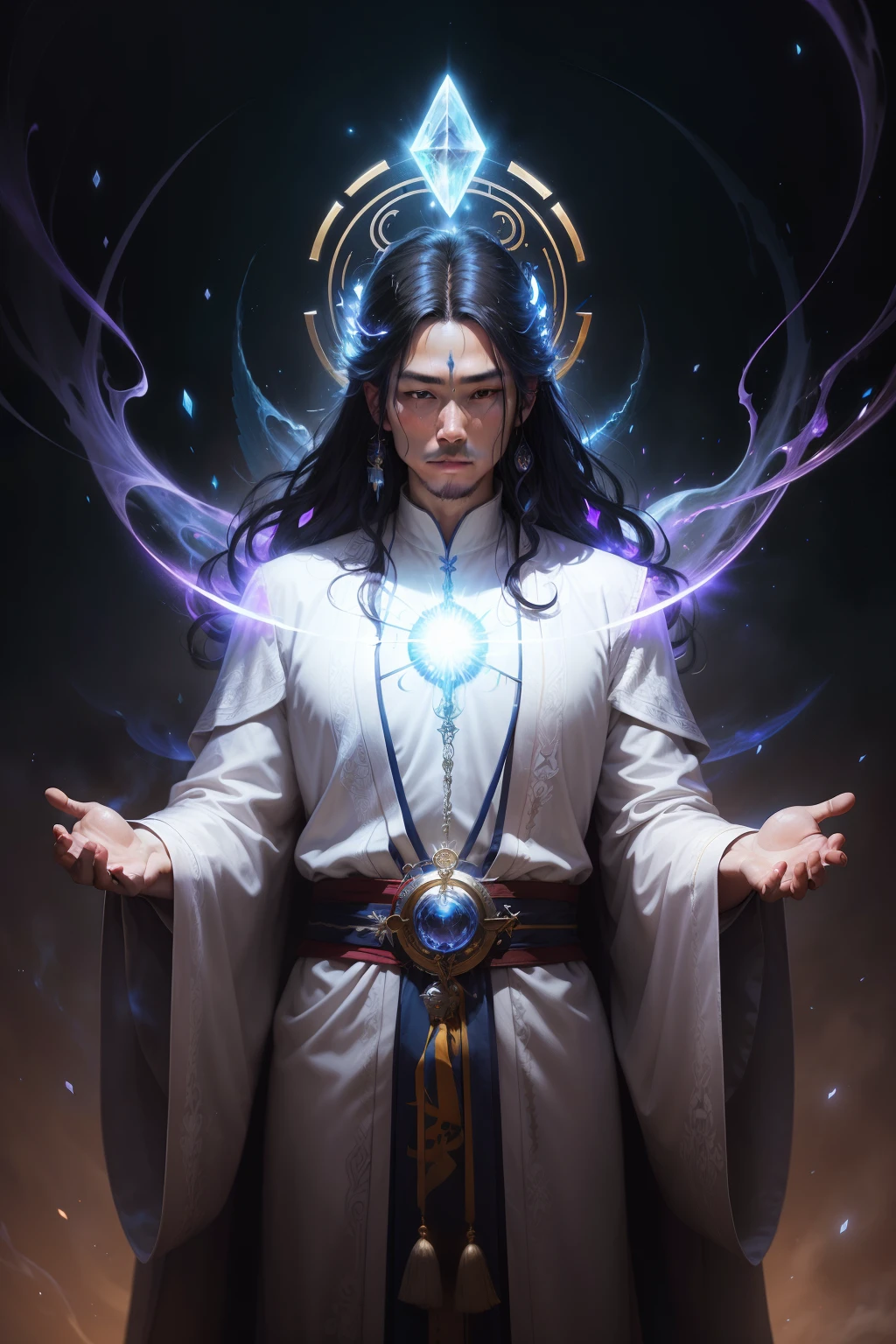holy holy shaman, priest, teacher, spiritual man with halo and aura, asian man, wearing a flowing robe, Summon spiritual power with crystals, The background is a gentle hill, I feel elegant, Calm, peaceful, daytime light, Character Design, art：mark lyden, Greg Simkins, Jason Limon, and quintana.
