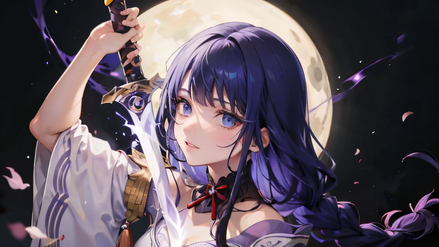 best quality,highres),анимэ стиль, Raiden Shogun from Genshin,gaze,anime style,сиреневые глаза анимэ,long braided purple hair,грозный взгляд,electricity lightning background,katana sword,stylish,sharp focus,vivid colors,черные длинные перчатки на руках, длинные волосы