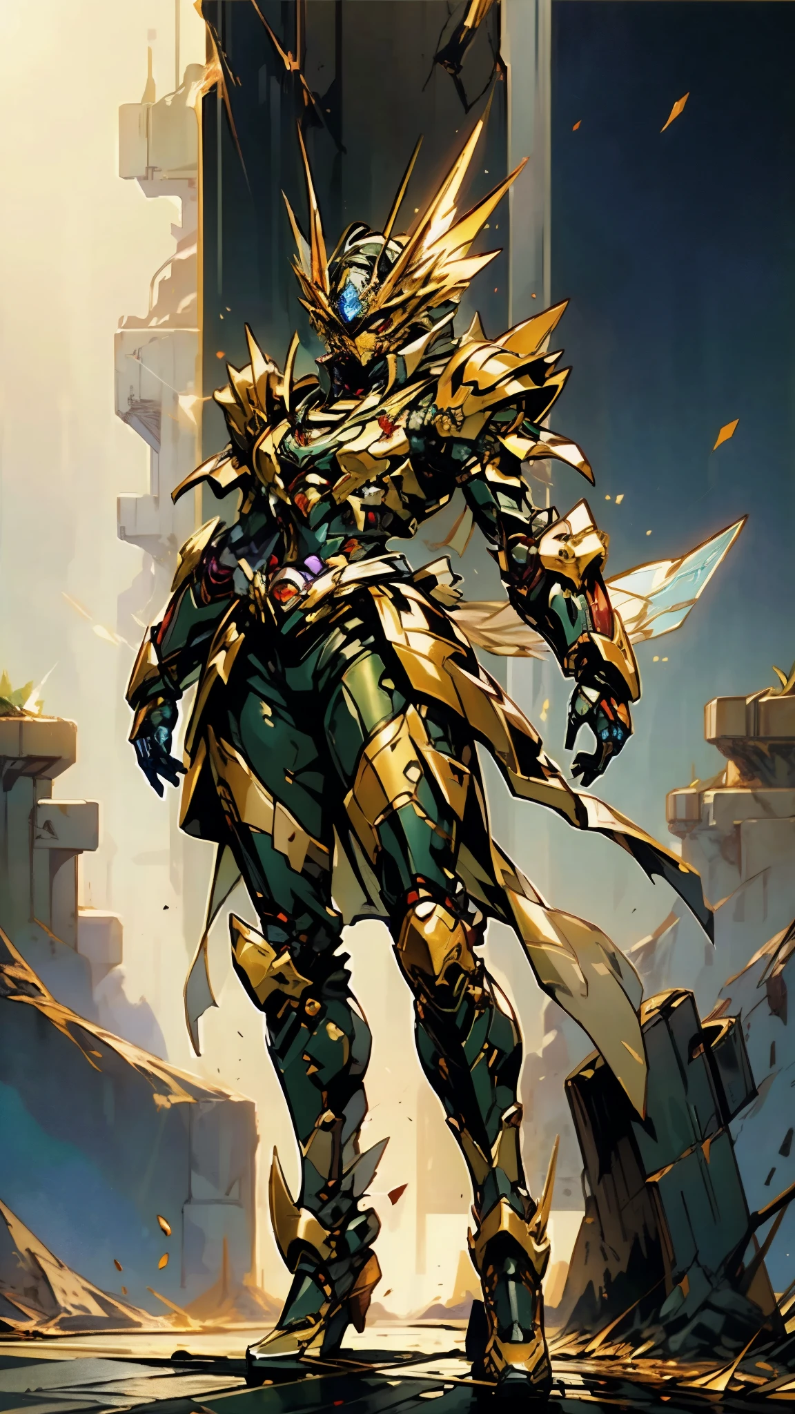 A woman adorned in fantasy-style full-body armor, a crown-concept fully enclosed helmet that unveils only her eyes, a composite layered chest plate, fully encompassing shoulder and hand guards, a lightweight waist armor, form-fitting shin guards, the overall design is heavy-duty yet flexible, (the armor gleams with a golden glow, complemented by red and blue accents), exhibiting a noble aura, she floats above a fantasy-surreal high-tech city, this character embodies a finely crafted fantasy-surreal style armored hero in anime style, exquisite and mature manga art style, (mixture of Queen bee and Spider concept Armor, plasma energy, blood energy), ((Element, elegant, goddess, femminine:1.5)), metallic, high definition, best quality, highres, ultra-detailed, ultra-fine painting, extremely delicate, professional, anatomically correct, symmetrical face, extremely detailed eyes and face, high quality eyes, creativity, RAW photo, UHD, 32k, Natural light, cinematic lighting, masterpiece-anatomy-perfect, masterpiece:1.5