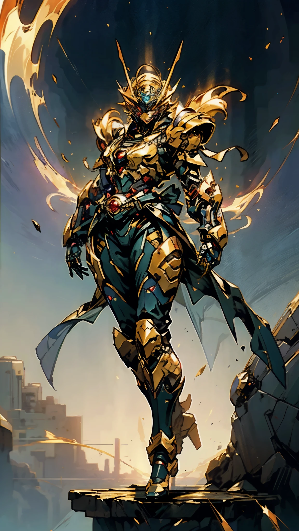 A woman adorned in fantasy-style full-body armor, a crown-concept fully enclosed helmet that unveils only her eyes, a composite layered chest plate, fully encompassing shoulder and hand guards, a lightweight waist armor, form-fitting shin guards, the overall design is heavy-duty yet flexible, (the armor gleams with a golden glow, complemented by red and blue accents), exhibiting a noble aura, she floats above a fantasy-surreal high-tech city, this character embodies a finely crafted fantasy-surreal style armored hero in anime style, exquisite and mature manga art style, (mixture of Queen bee and Spider concept Armor, plasma energy, blood energy), ((Element, elegant, goddess, femminine:1.5)), metallic, high definition, best quality, highres, ultra-detailed, ultra-fine painting, extremely delicate, professional, anatomically correct, symmetrical face, extremely detailed eyes and face, high quality eyes, creativity, RAW photo, UHD, 32k, Natural light, cinematic lighting, masterpiece-anatomy-perfect, masterpiece:1.5