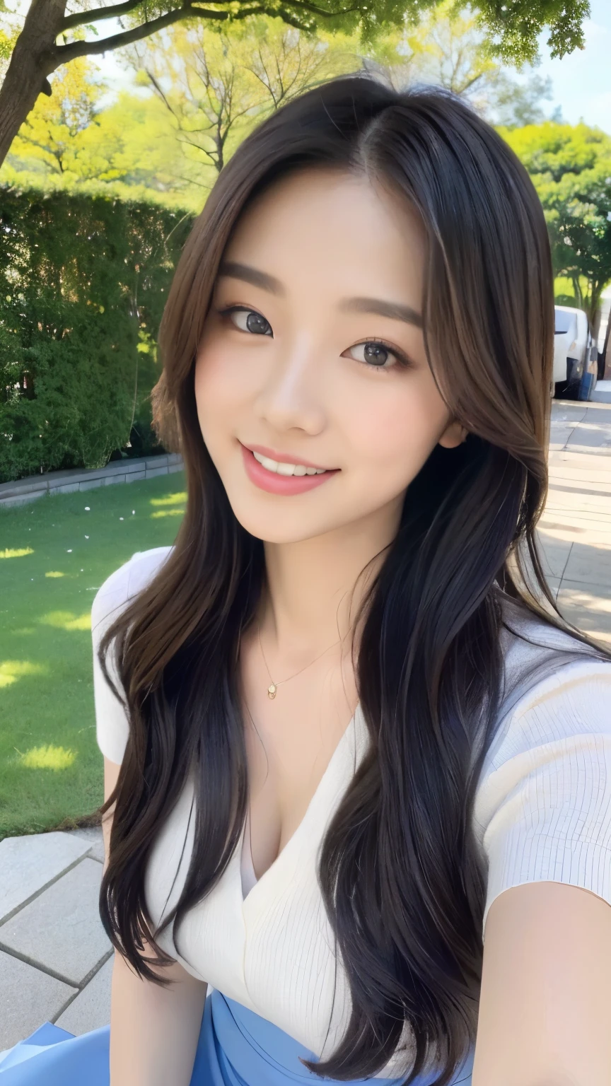 ((best quality, 8k, masterpiece:1.3)), a beautiful girl，pure，oval face，Gentle and cute，thin body，(street frontage)，(tilt your head)，looking directly into the camera，[Detached sleeves::0], [collared shirt::0], [cropped pants::0]，Black silk long, straight hair，long hair shawl，Big, round, black eyes，clear big eyes，Hydrating red lips，Sweet，sitting by the pond，Blue sky and white clouds，Sunlight，，Idyllic background，sweet smile， (Full body female love:1.3), shift dress:1.1, Full body close-up