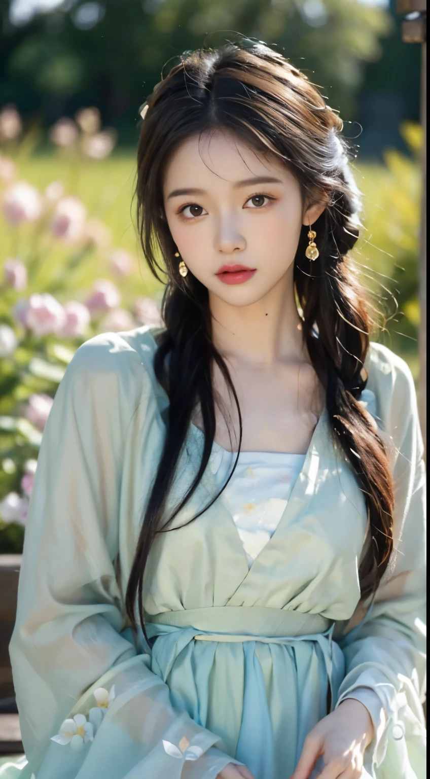 1 girl，Beautiful and moving， floral pattern， glowing skin， charming gaze， Decorative clothing， natural lighting， shallow view deep， romantic environment， dreamy pastel color palette， Whimsical details， Capture on film，(8k, original photo:1.2), best quality, ultra high resolution，CG unity 8K wallpaper，masterpiece，best quality，Super detailed