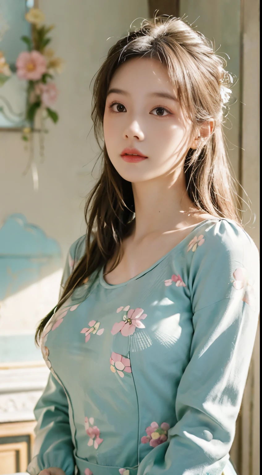 1 girl,Beautiful and moving, floral pattern, glowing skin, charming gaze, Decorative clothing, natural lighting, shallow view deep, romantic environment, dreamy pastel color palette, Whimsical details, Capture on film,(8k, original photo:1.2), best quality, ultra high resolution,CG unity 8K wallpaper,masterpiece,best quality,Super detailed
