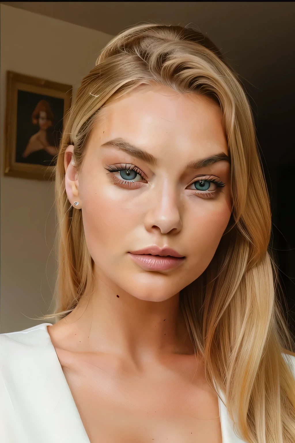 Instagram 16k photo, fashion model 24 years old, Danish queen with eyes like Gigi Hadid and blonde hair like Margot Robbie.