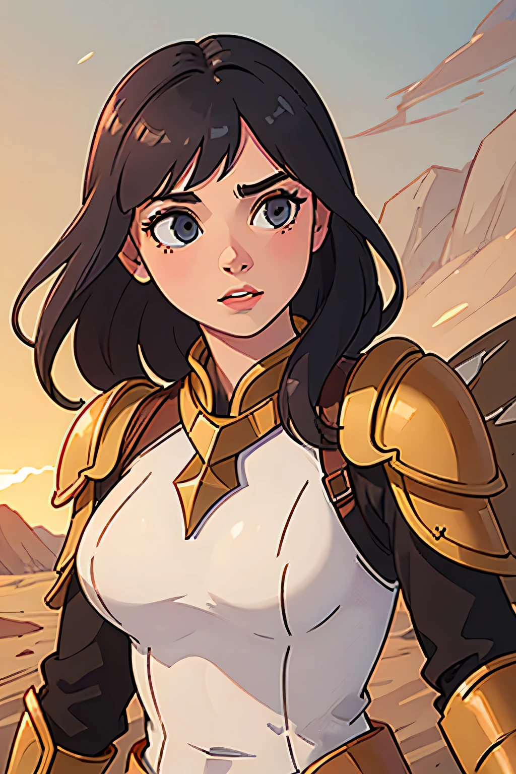 (best quality,4k,8k,highres,masterpiece:1.2),ultra-detailed,(realistic,photorealistic,photo-realistic:1.37),lady in armor,desert landscape,sharp focus,extremely detailed armor,beautiful detailed eyes,beautiful detailed lips,vivid colors,studio lighting,colorful sunset,physically-based rendering,bokeh,impressive pose,sword wielding
Explanation:
- (best quality,4k,8k,highres,masterpiece:1.2): This prompt emphasizes the importance of high-quality, detailed, and realistic image generation. The masterpiece keyword increases the quality even further.
- ultra-detailed: This tag ensures that the image is highly detailed and contains intricate elements.
- (realistic,photorealistic,photo-realistic:1.37): This prompt specifies the desired realism level, allowing for a lifelike and believable image.
- lady in armor: This tag describes the main subject of the image - a woman wearing armor. It implies strength, power, and bravery.
- desert landscape: This setting sets the scene for the image, featuring a vast and barren desert environment. It adds a sense of isolation, adventure, and mystery to the artwork.
- sharp focus: This term ensures that the image has a clear and focused appearance, highlighting the details of the lady's armor and facial features.
- extremely detailed armor: This prompt specifies the importance of having highly detailed armor on the lady, emphasizing the craftsmanship and intricacy of the design.
- beautiful detailed eyes, beautiful detailed lips: To ensure that the generated image features well-defined and captivating facial features, this tag highlights the importance of detailed eyes and lips.
- vivid colors: This tag requests the inclusion of vibrant and visually appealing colors to enhance the overall aesthetics of the image.
- studio lighting: By specifying studio lighting, this prompt aims to create a well-lit image with controlled light sources to emphasize the details of the lady and her surroundings.
- colorful sunset: Describing the lighting conditions in the scene, this tag requests a colorful sunset, adding a warm and atmospheric ambiance to the artwork.
- physically-based rendering: This term refers to a rendering technique that simulates real-world lighting and material properties, enhancing the image's realism.
- bokeh: This term describes the aesthetic quality of the out-of-focus areas in the image, adding a pleasing blur and depth to the background.
- impressive pose: This prompt requests the lady to be in a dynamic and visually striking pose, conveying strength, confidence, and action.
- sword wielding: This tag specifies that the lady should be holding a sword, emphasizing her warrior-like nature and adding an element of danger and adventure to the image.