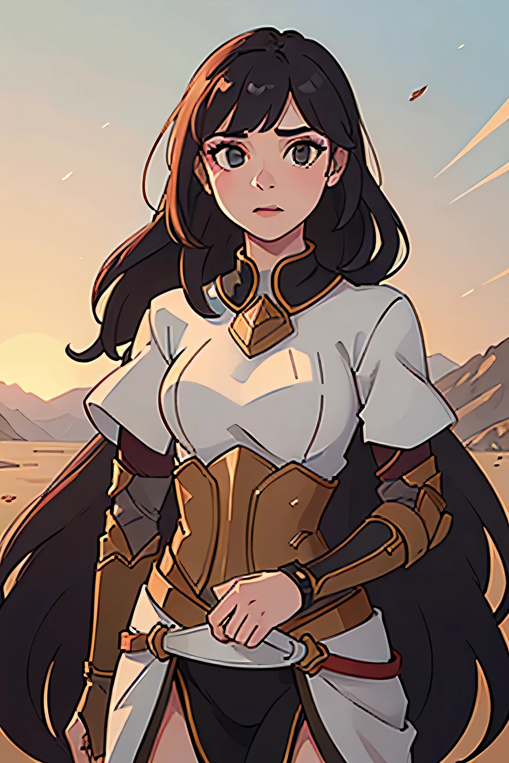 (best quality,4k,8k,highres,masterpiece:1.2),ultra-detailed,(realistic,photorealistic,photo-realistic:1.37),lady in armor,desert landscape,sharp focus,extremely detailed armor,beautiful detailed eyes,beautiful detailed lips,vivid colors,studio lighting,colorful sunset,physically-based rendering,bokeh,impressive pose,sword wielding

Explanation:
- (best quality,4k,8k,highres,masterpiece:1.2): This prompt emphasizes the importance of high-quality, detailed, and realistic image generation. The masterpiece keyword increases the quality even further.
- ultra-detailed: This tag ensures that the image is highly detailed and contains intricate elements.
- (realistic,photorealistic,photo-realistic:1.37): This prompt specifies the desired realism level, allowing for a lifelike and believable image.
- lady in armor: This tag describes the main subject of the image - a woman wearing armor. It implies strength, power, and bravery.
- desert landscape: This setting sets the scene for the image, featuring a vast and barren desert environment. It adds a sense of isolation, adventure, and mystery to the artwork.
- sharp focus: This term ensures that the image has a clear and focused appearance, highlighting the details of the lady's armor and facial features.
- extremely detailed armor: This prompt specifies the importance of having highly detailed armor on the lady, emphasizing the craftsmanship and intricacy of the design.
- beautiful detailed eyes, beautiful detailed lips: To ensure that the generated image features well-defined and captivating facial features, this tag highlights the importance of detailed eyes and lips.
- vivid colors: This tag requests the inclusion of vibrant and visually appealing colors to enhance the overall aesthetics of the image.
- studio lighting: By specifying studio lighting, this prompt aims to create a well-lit image with controlled light sources to emphasize the details of the lady and her surroundings.
- colorful sunset: Describing the lighting conditions in the scene, this tag requests a colorful sunset, adding a warm and atmospheric ambiance to the artwork.
- physically-based rendering: This term refers to a rendering technique that simulates real-world lighting and material properties, enhancing the image's realism.
- bokeh: This term describes the aesthetic quality of the out-of-focus areas in the image, adding a pleasing blur and depth to the background.
- impressive pose: This prompt requests the lady to be in a dynamic and visually striking pose, conveying strength, confidence, and action.
- sword wielding: This tag specifies that the lady should be holding a sword, emphasizing her warrior-like nature and adding an element of danger and adventure to the image.