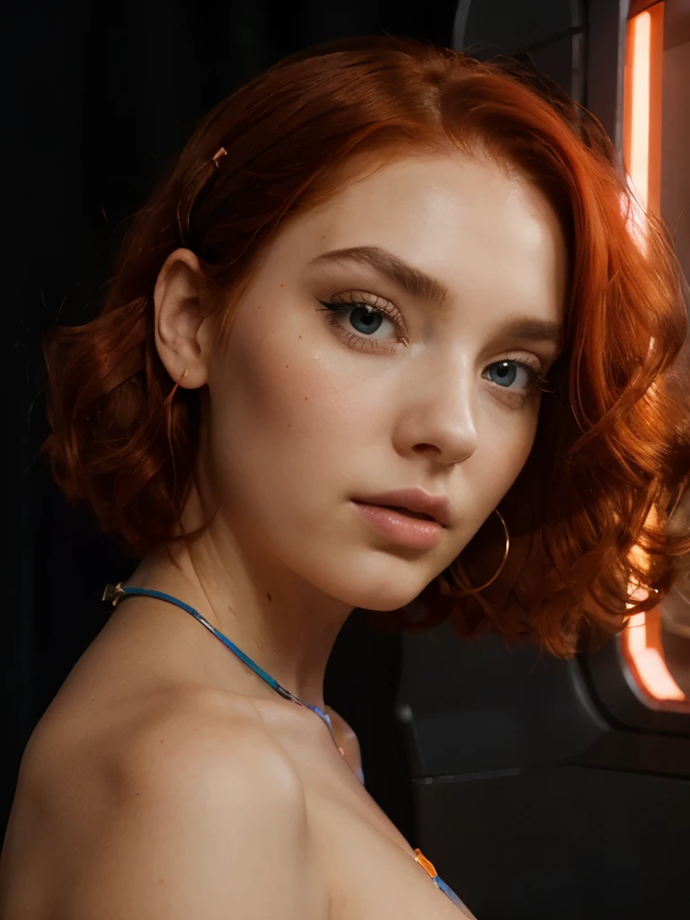 face of a beautiful futuristic girl of about 22 years old.
Her nose, redder than the rest of her skin, contrasting with the rest of her pale skin.
Her eyes are very, very large and brighter than a normal human being, magnetic brightness.
The electric blue colored eyebrows are large and exaggerated, painting a portrait of intense expression. expressive form, charming face.
(((long curly pastel red hair))). some beads and colored ribbons woven into her short hair. her face has a contemporary and futuristic look.
Her lips, painted in bold shades of bright orange. Their chromatic intensity completes the extraordinary ensemble, giving an aura of glamor and sophistication to this girl with her memorable face.