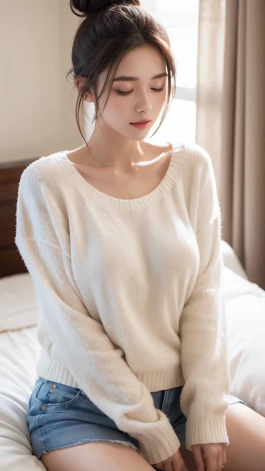 1girl,huge breast, brown hair, closed eyes,high quality, ultra detailed, masterpiece, realistic, white sweater, black miniskirt, sleep bed,bun hair