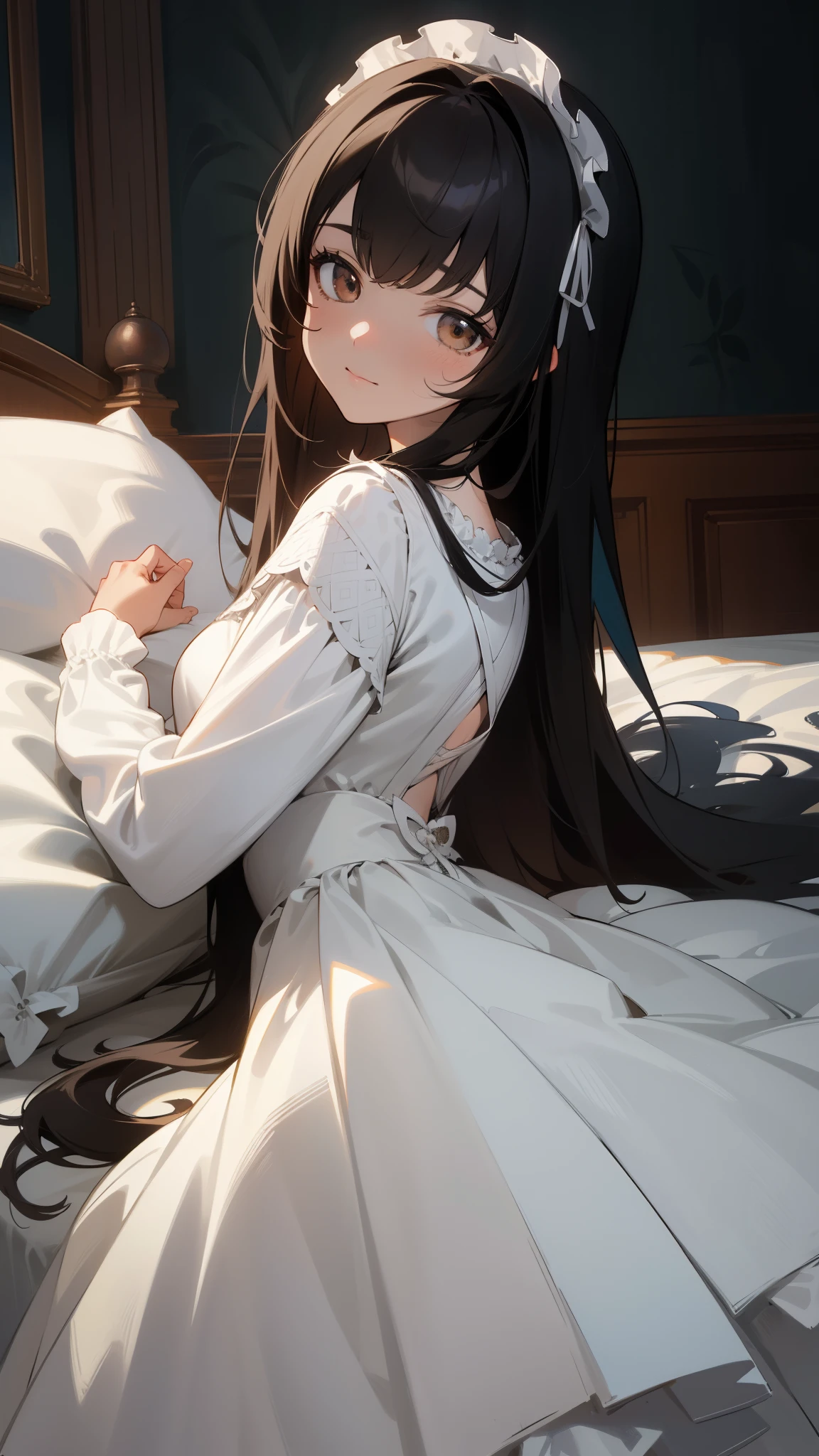 (best quality, 4k, very detailed), 1 anime girl, Dark brown eyes with intricate details., black hair, The bangs are very long., Long hair covering one eye, complex pattern, detailed face, Plain white dress with long sleeves, White Lolita Style, No hats., No hair ornaments., Dark background, in the dark, Not smiling, In a dark bedroom, modern bedroom, Lots of background details, The best play of light