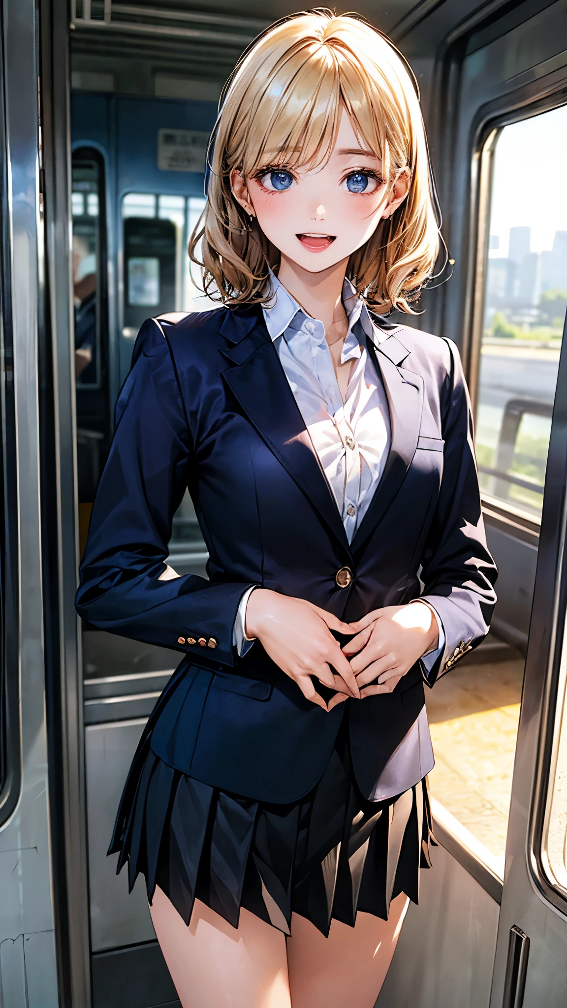 (masterpiece:1.2, top-quality), (realistic, photorealistic:1.4), beautiful illustration, (natural side lighting, movie lighting),
looking at viewer, 1 girl, japanese, high school girl, perfect face, perfect body, cute and symmetrical face, shiny skin, babyface,
(short hair:1.5, wavy hair:1.6, long sideburns, blond hair), asymmetrical bangs, blue eyes, (middle breasts, seductive thighs), ,
beautiful hair, beautiful face, beautiful detailed eyes, beautiful clavicle, beautiful body, beautiful chest, beautiful thigh, beautiful legs, beautiful fingers,
(((black school blazer, closed blazer), white collared shirt, black box pleated skirt)), bring black school bag,
(beautiful scenery), evening, (inside train), standing, hands on hips, (happy smile, upper eyes, open mouth),
