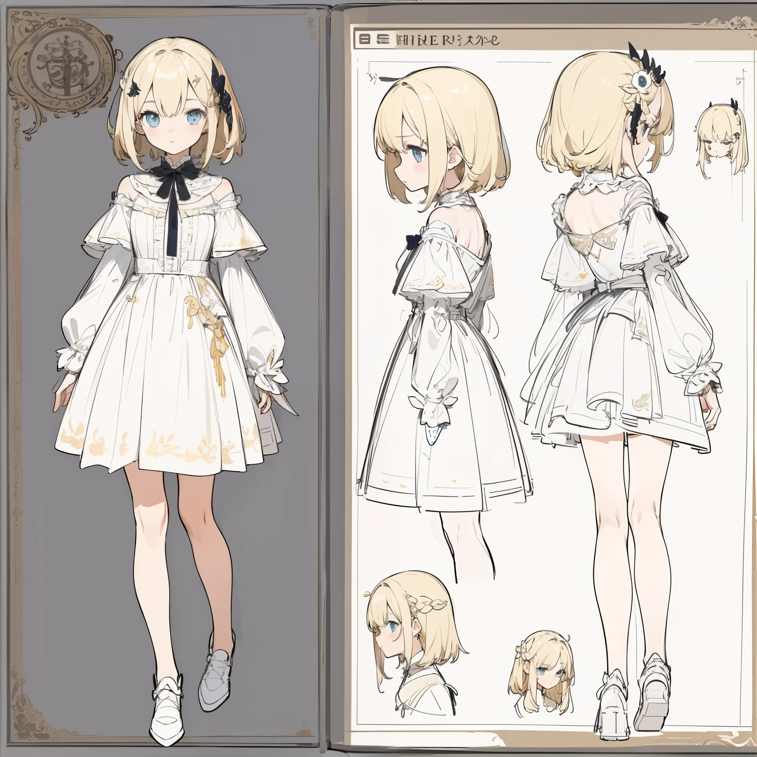 (masterpiece, best quality) detailed, girl, drawing reference, reference, lineart, sketch, slightly messy blonde medium hair, hair ornament, black choker, white crop top with loose sheer top (character design sheet, same character, front, side, back)