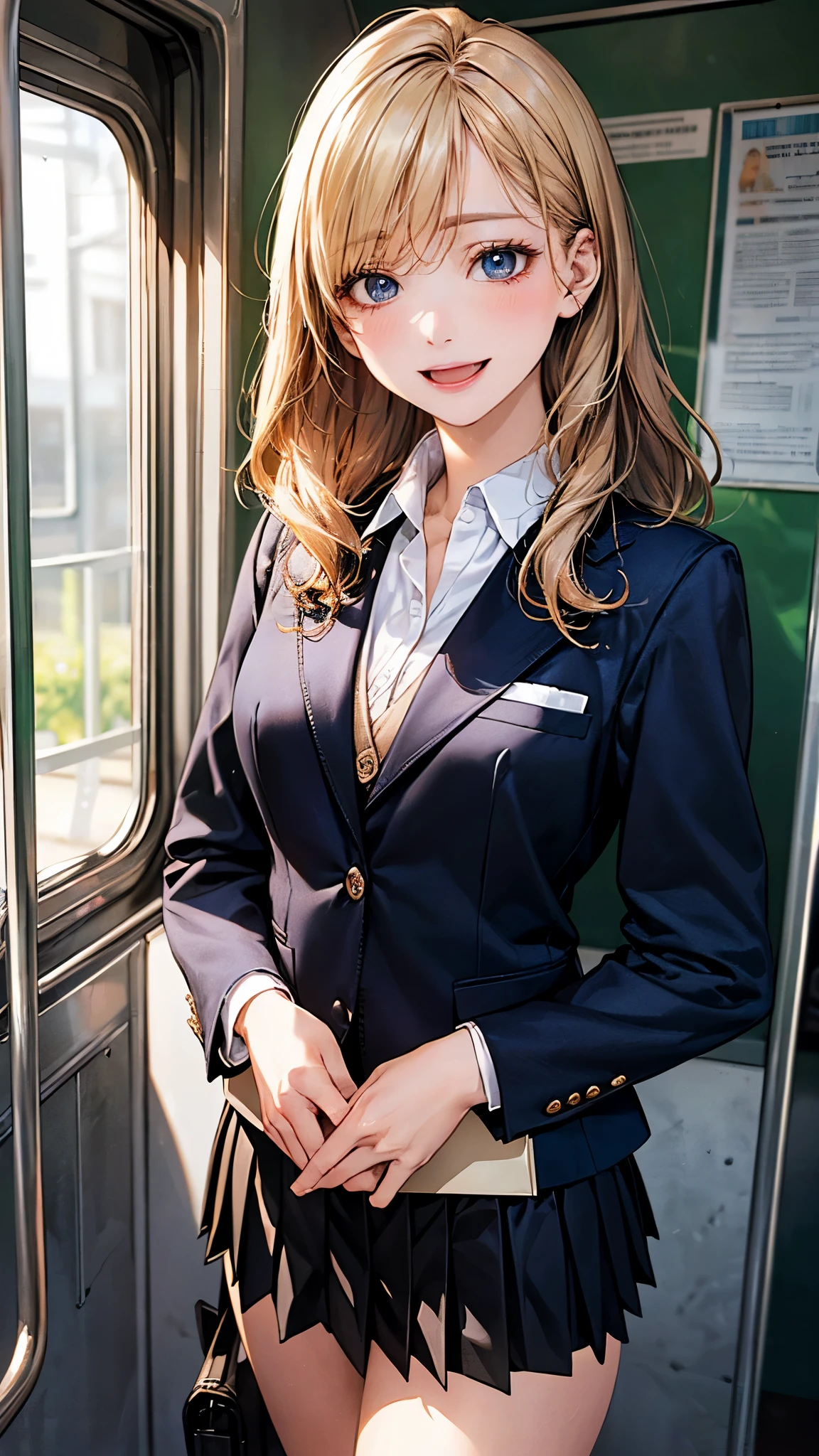 (masterpiece:1.2, top-quality), (realistic, photorealistic:1.4), beautiful illustration, (natural side lighting, movie lighting),
looking at viewer, 1 girl, japanese, high school girl, perfect face, perfect body, cute and symmetrical face, shiny skin, babyface,
(short hair:1.5, wavy hair:1.6, long sideburns, blond hair), asymmetrical bangs, blue eyes, (middle breasts, seductive thighs), ,
beautiful hair, beautiful face, beautiful detailed eyes, beautiful clavicle, beautiful body, beautiful chest, beautiful thigh, beautiful legs, beautiful fingers,
(((black school blazer, closed blazer), white collared shirt, black box pleated skirt)), bring black school bag,
(beautiful scenery), evening, (inside train), standing, hands on hips, (happy smile, upper eyes, open mouth),