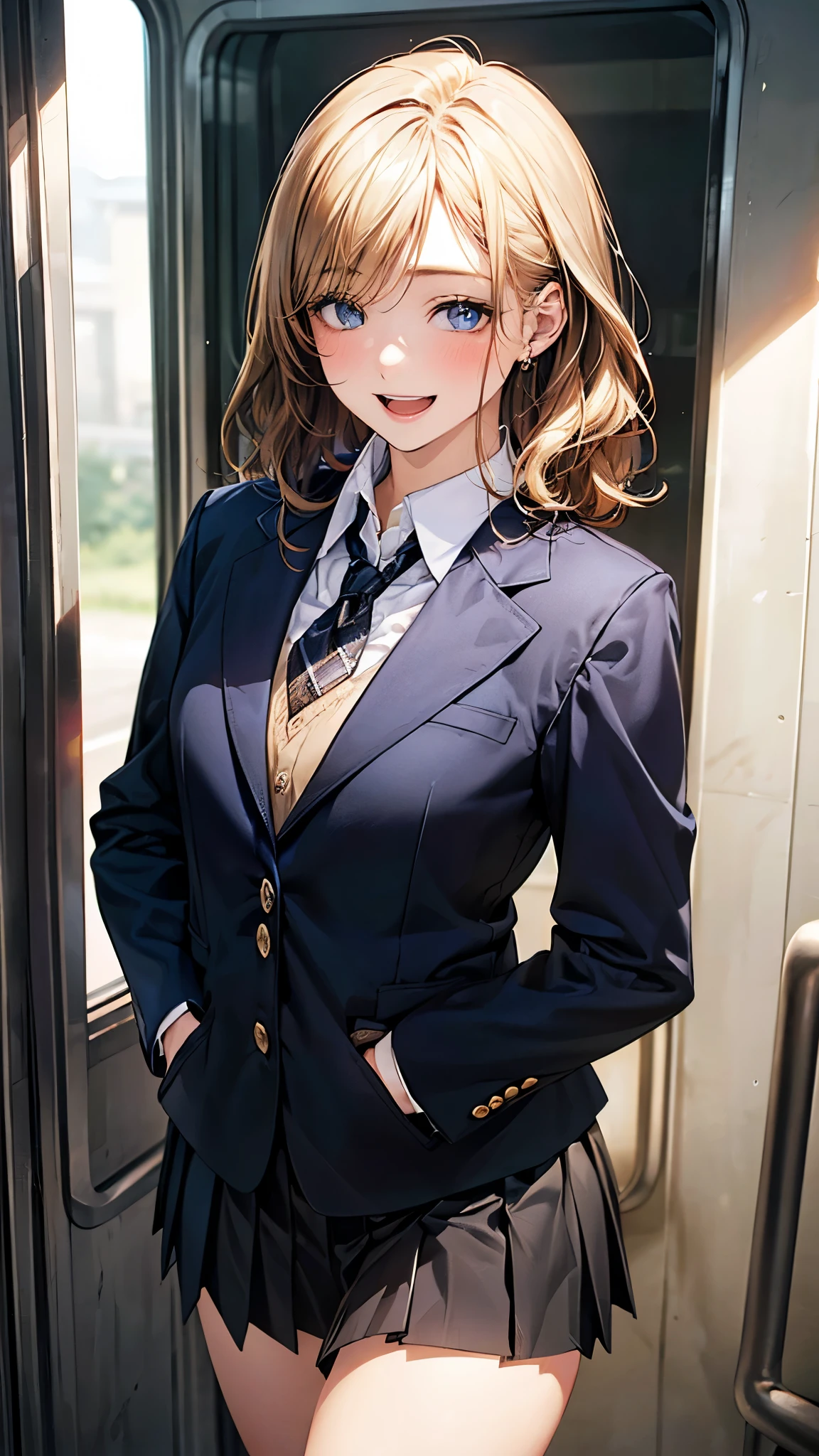 (masterpiece:1.2, top-quality), (realistic, photorealistic:1.4), beautiful illustration, (natural side lighting, movie lighting),
looking at viewer, 1 girl, japanese, high school girl, perfect face, perfect body, cute and symmetrical face, shiny skin, babyface,
(short hair:1.5, wavy hair:1.6, long sideburns, blond hair), asymmetrical bangs, blue eyes, (middle breasts, seductive thighs), ,
beautiful hair, beautiful face, beautiful detailed eyes, beautiful clavicle, beautiful body, beautiful chest, beautiful thigh, beautiful legs, beautiful fingers,
(((black school blazer, closed blazer), white collared shirt, black box pleated skirt)), bring black school bag,
(beautiful scenery), evening, (inside train), standing, hands on hips, (happy smile, upper eyes, open mouth),